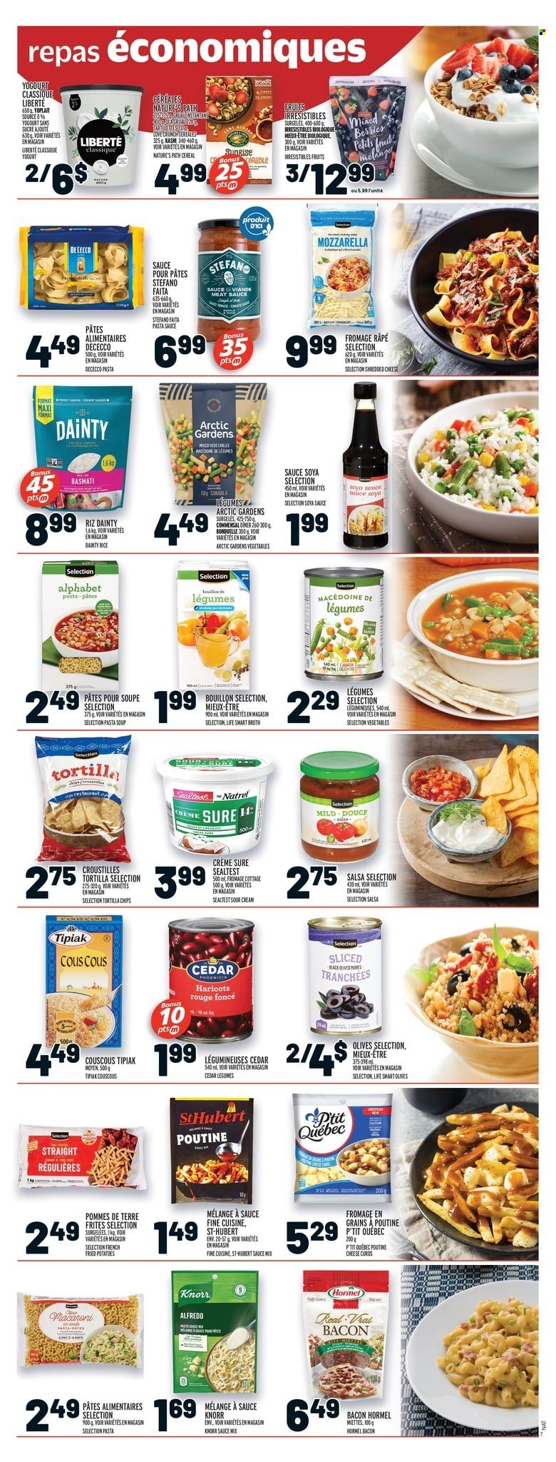 thumbnail - Metro Flyer - January 26, 2023 - February 01, 2023 - Sales products - potatoes, pasta sauce, macaroni, soup, sauce, Hormel, bacon, cheese, cheese curd, yoghurt, Yoplait, sour cream, tortilla chips, chips, bouillon, broth, cereals, basmati rice, rice, soy sauce, salsa, Sure, couscous, mozzarella, olives, Knorr. Page 6.