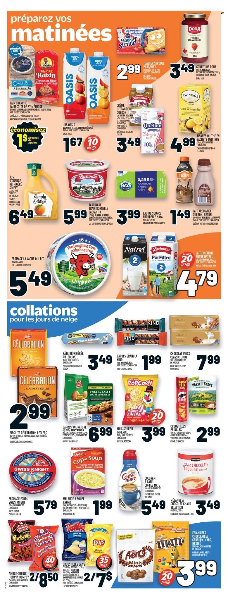 thumbnail - Metro Flyer - January 26, 2023 - February 01, 2023 - Sales products - bread, strudel, soup mix, soup, Pillsbury, noodles, cheese, The Laughing Cow, Coffee-Mate, milk, flavoured milk, margarine, Hershey's, cookies, snack, Mars, Celebration, Kellogg's, biscuit, Cadbury, potato chips, Pringles, chips, Lay’s, Smartfood, popcorn, Ruffles, oats, Harvest Snaps, Del Monte, granola bar, Rice Krispies, Nature Valley, cinnamon, fruit jam, dried fruit, orange juice, juice, AriZona, spring water, hot chocolate, tea, herbal tea, Twinings, cup, Nestlé, raisins, Lipton, Knorr, Lindt, M&M's. Page 7.