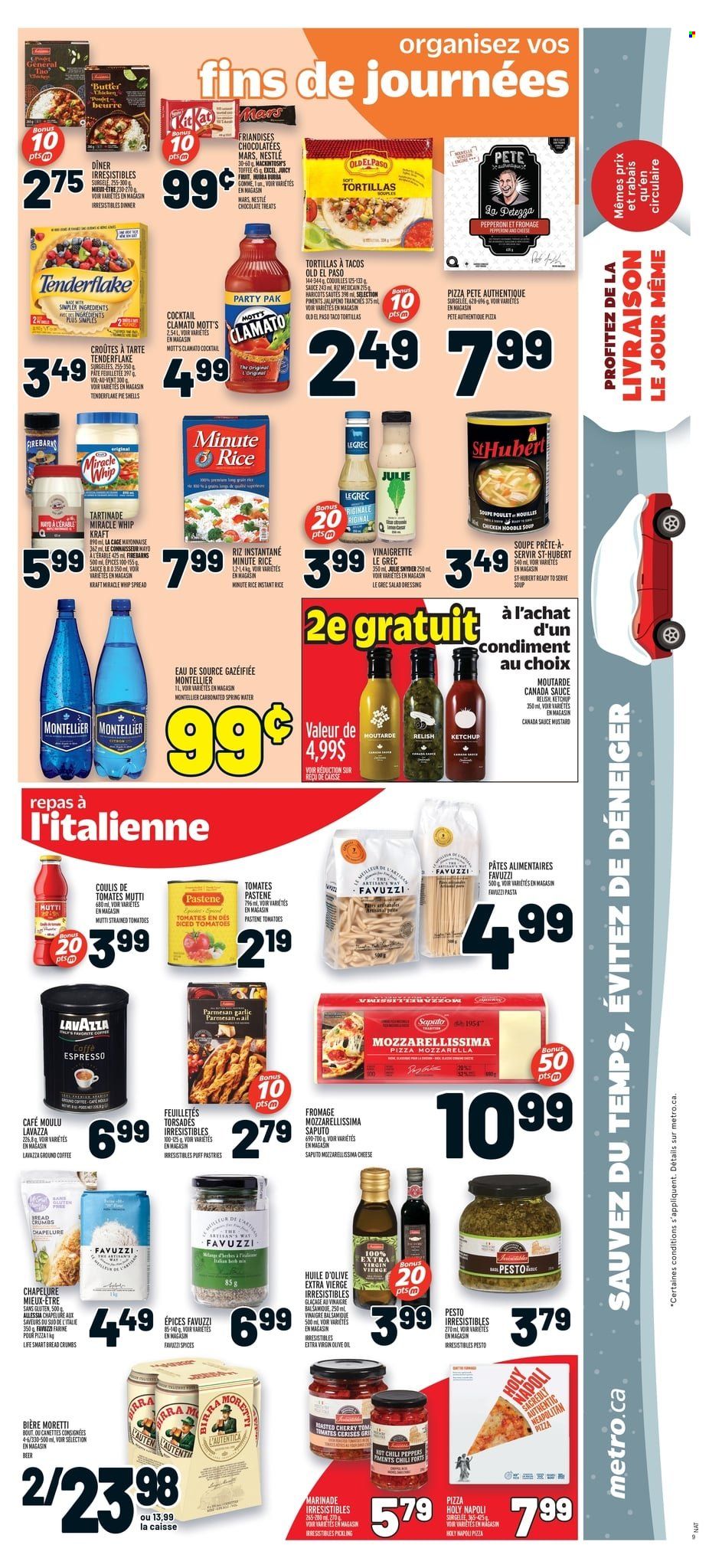 thumbnail - Metro Flyer - January 26, 2023 - February 01, 2023 - Sales products - tortillas, Old El Paso, tacos, chili peppers, jalapeño, cherries, Mott's, pizza, soup, pasta, noodles cup, noodles, Kraft®, pepperoni, mayonnaise, Miracle Whip, chocolate, Mars, toffee, diced tomatoes, rice, mustard, salad dressing, vinaigrette dressing, dressing, marinade, extra virgin olive oil, olive oil, oil, Clamato, spring water, coffee, ground coffee, Lavazza, beer, cage, Nestlé, ketchup, pesto. Page 8.