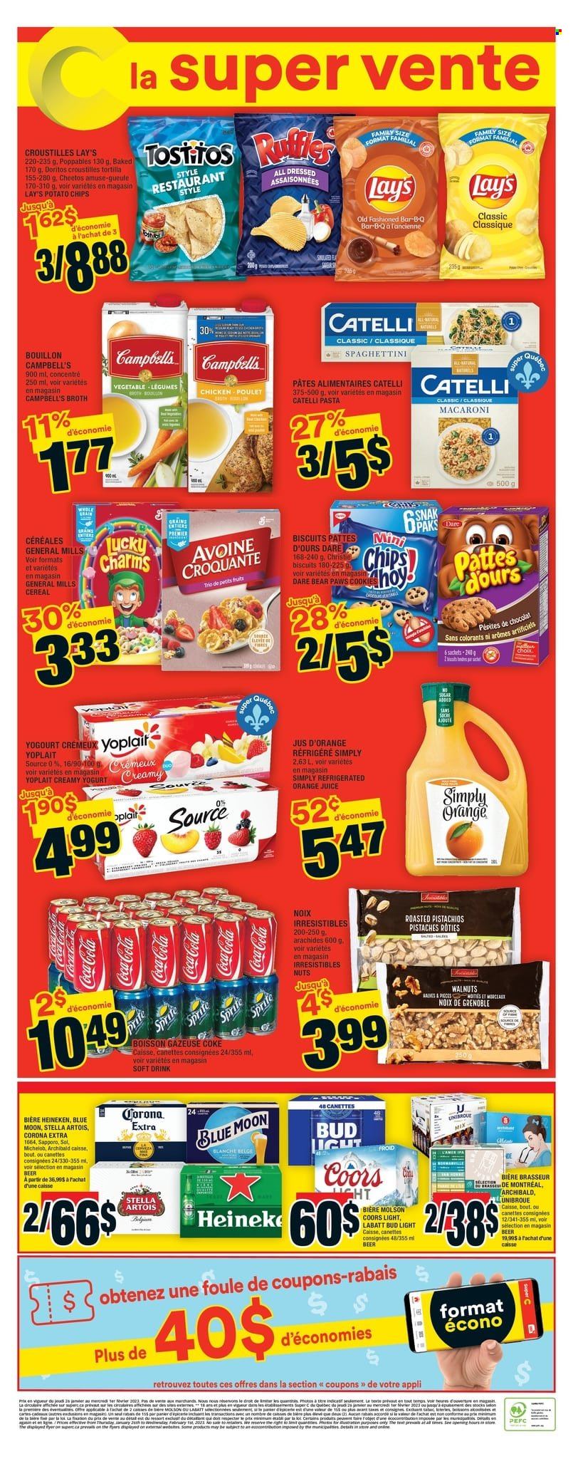 thumbnail - Super C Flyer - January 26, 2023 - February 01, 2023 - Sales products - tortillas, Campbell's, macaroni, pasta, yoghurt, Yoplait, biscuit, Doritos, potato chips, Cheetos, chips, Lay’s, bouillon, broth, cereals, walnuts, pistachios, Coca-Cola, Sprite, orange juice, juice, soft drink, beer, Stella Artois, Bud Light, Corona Extra, Heineken, Sol, Coors, Blue Moon, Michelob. Page 3.