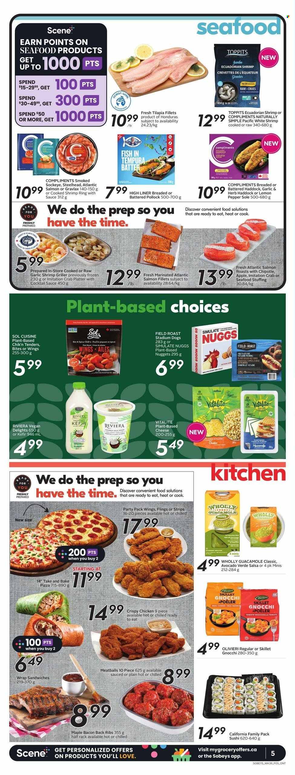 thumbnail - Sobeys Flyer - January 26, 2023 - February 01, 2023 - Sales products - salmon, salmon fillet, tilapia, haddock, pollock, seafood, crab, fish, shrimps, hot dog, pizza, meatballs, sandwich, nuggets, bacon, guacamole, kefir, strips, cocktail sauce, salsa, Sol, ribs, gnocchi. Page 7.