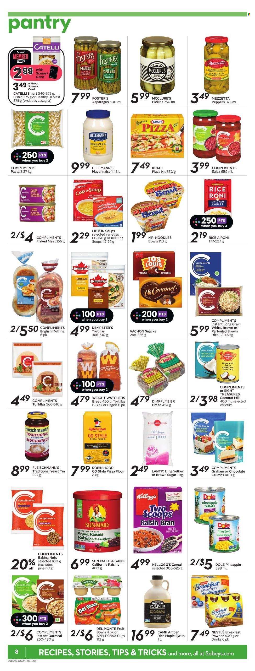 thumbnail - Sobeys Flyer - January 26, 2023 - February 01, 2023 - Sales products - bagels, bread, english muffins, tortillas, asparagus, Dole, peppers, mandarines, pineapple, pizza, soup, pasta, noodles, Kraft®, yeast, mayonnaise, Hellmann’s, chocolate, snack, Kellogg's, oatmeal, icing sugar, coconut milk, pickles, Del Monte, cereals, Raisin Bran, brown rice, rice, caramel, salsa, maple syrup, syrup, walnuts, peanuts, Rin, bowl, Nestlé, Lipton, Knorr. Page 11.