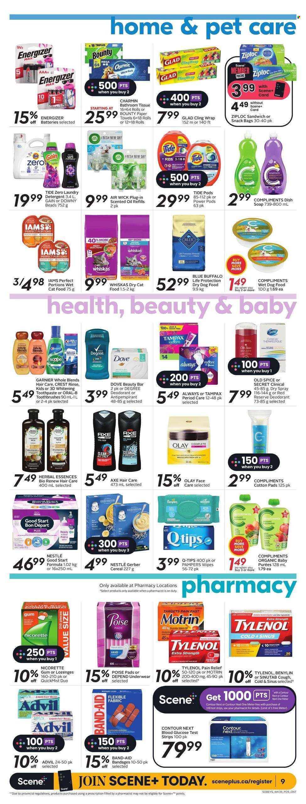 thumbnail - Sobeys Flyer - January 26, 2023 - February 01, 2023 - Sales products - sandwich, Dove, Bounty, Gerber, cereals, spice, wipes, Pampers, bath tissue, kitchen towels, paper towels, Charmin, Gain, Tide, laundry detergent, Downy Laundry, soap, toothpaste, Crest, Olay, Herbal Essences, anti-perspirant, Nike, Axe, Ziploc, contour, clingwrap, Air Wick, scented oil, animal food, dry dog food, Blue Buffalo, cat food, dog food, wet dog food, dry cat food, Iams, wet cat food, pain relief, Nicorette, Tylenol, Advil Rapid, Benylin, Motrin, band-aid, detergent, Energizer, Garnier, Nestlé, Tampax, Old Spice, Oral-B, Whiskas, deodorant. Page 12.