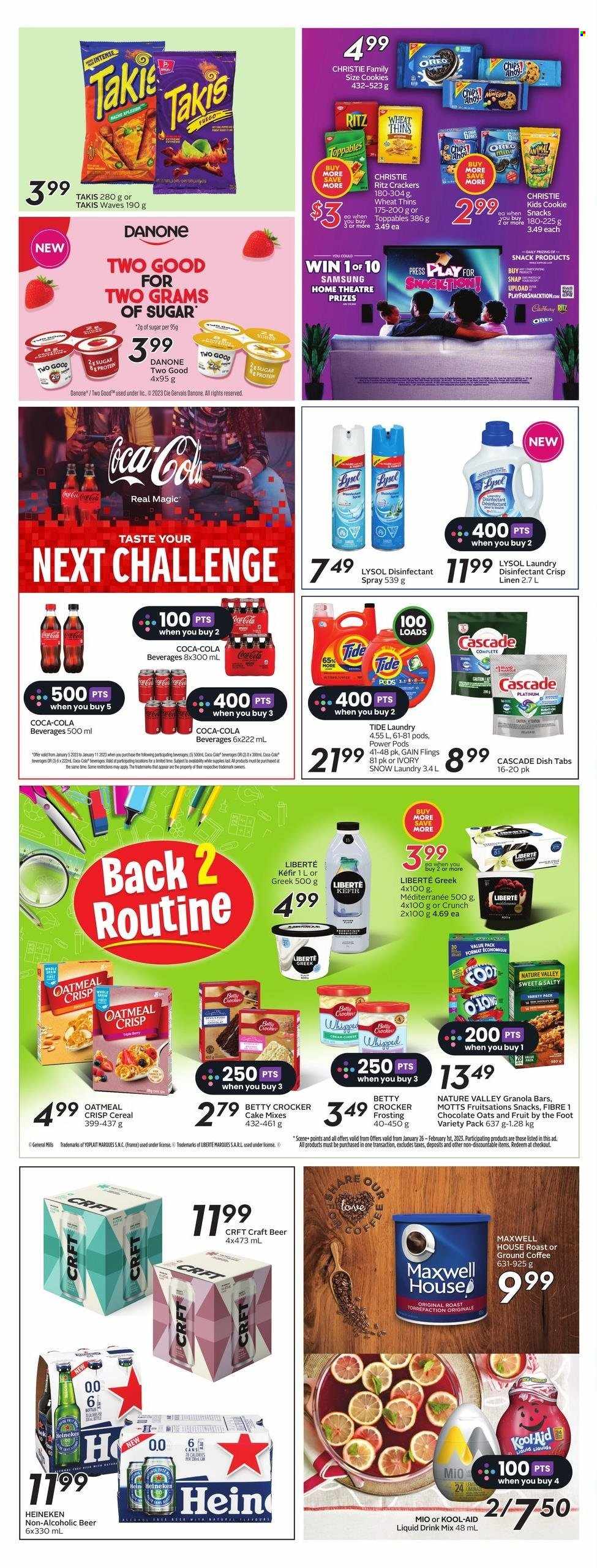 thumbnail - Sobeys Flyer - January 26, 2023 - February 01, 2023 - Sales products - cake, Mott's, Yoplait, kefir, eggs, whipped cream, cookies, chocolate, snack, crackers, Cadbury, RITZ, chips, Thins, frosting, sugar, oatmeal, oats, cereals, granola bar, Nature Valley, Coca-Cola, Maxwell House, coffee, ground coffee, beer, Heineken, Gain, Lysol, Tide, Cascade, antibacterial spray, kool aid, Oreo, Danone, desinfection. Page 16.
