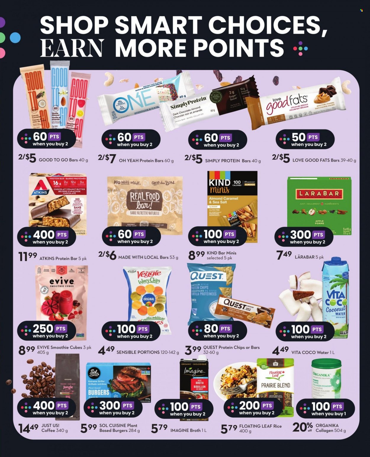 thumbnail - Sobeys Flyer - January 26, 2023 - February 01, 2023 - Sales products - tortillas, hamburger, chocolate, snack, dark chocolate, snack bar, chips, beef broth, bouillon, broth, protein bar, rice, caramel, peanut butter, coconut water, smoothie, coffee, Sol. Page 18.