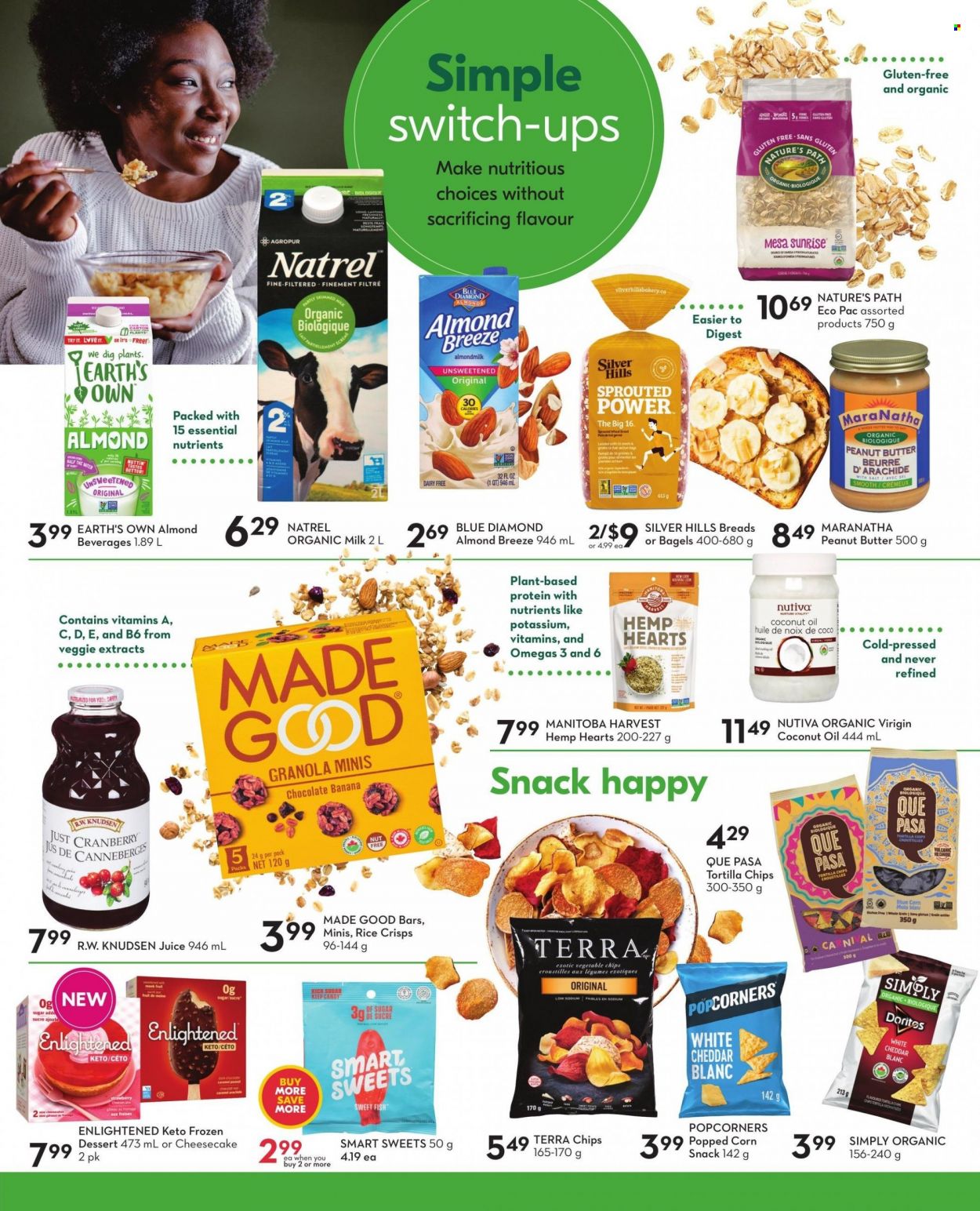 thumbnail - Sobeys Flyer - January 26, 2023 - February 01, 2023 - Sales products - bagels, cheesecake, fish, cheese, organic milk, Almond Breeze, Enlightened lce Cream, chocolate, snack, Doritos, tortilla chips, popcorn, vegetable chips, rice crisps, sugar, coconut oil, peanut butter, Blue Diamond, switch, juice, Hill's, granola. Page 20.