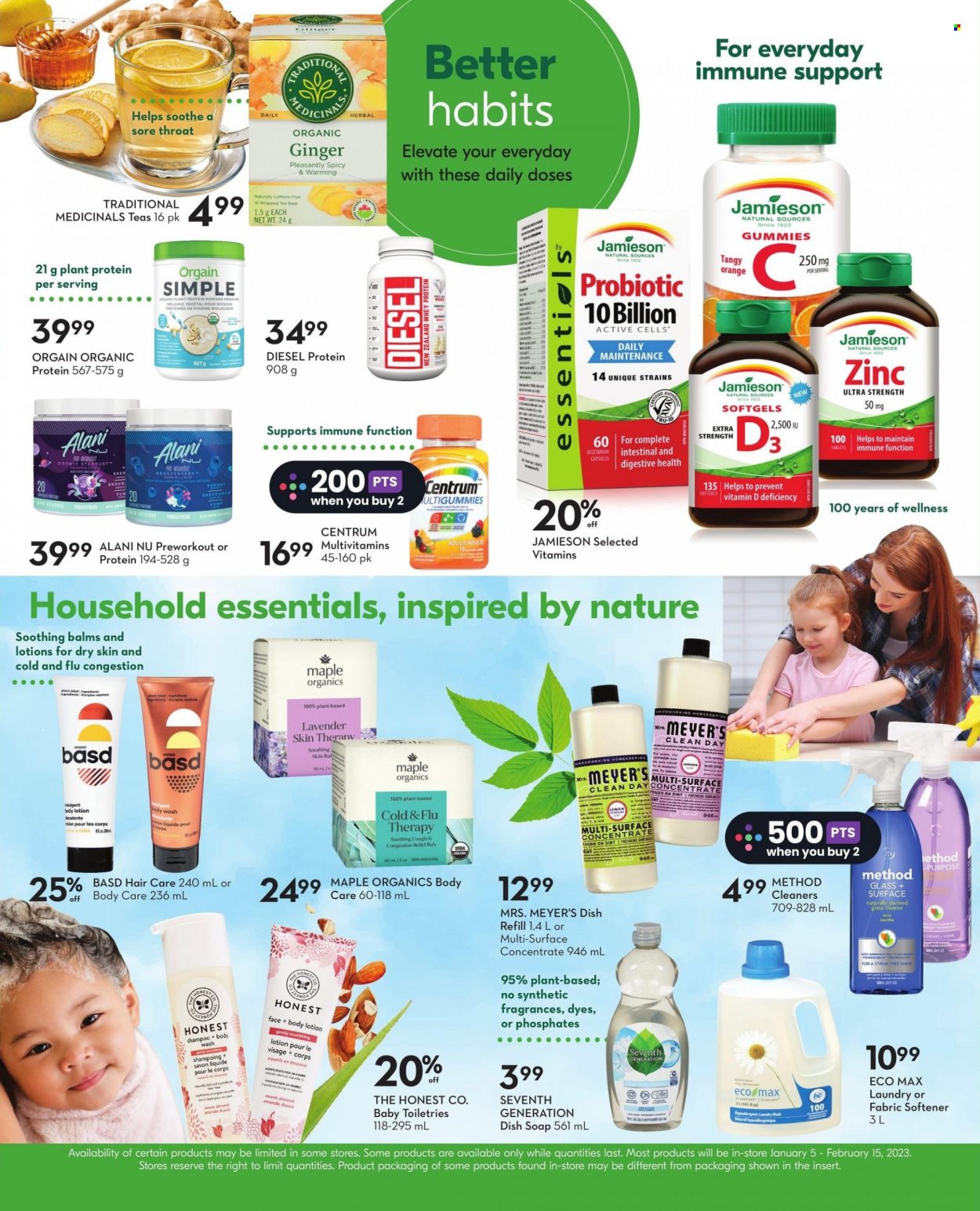 thumbnail - Sobeys Flyer - January 26, 2023 - February 01, 2023 - Sales products - ginger, oranges, plant protein, fabric softener, soap, body lotion, Cold & Flu, multivitamin, zinc, whey protein, Centrum, shampoo. Page 22.