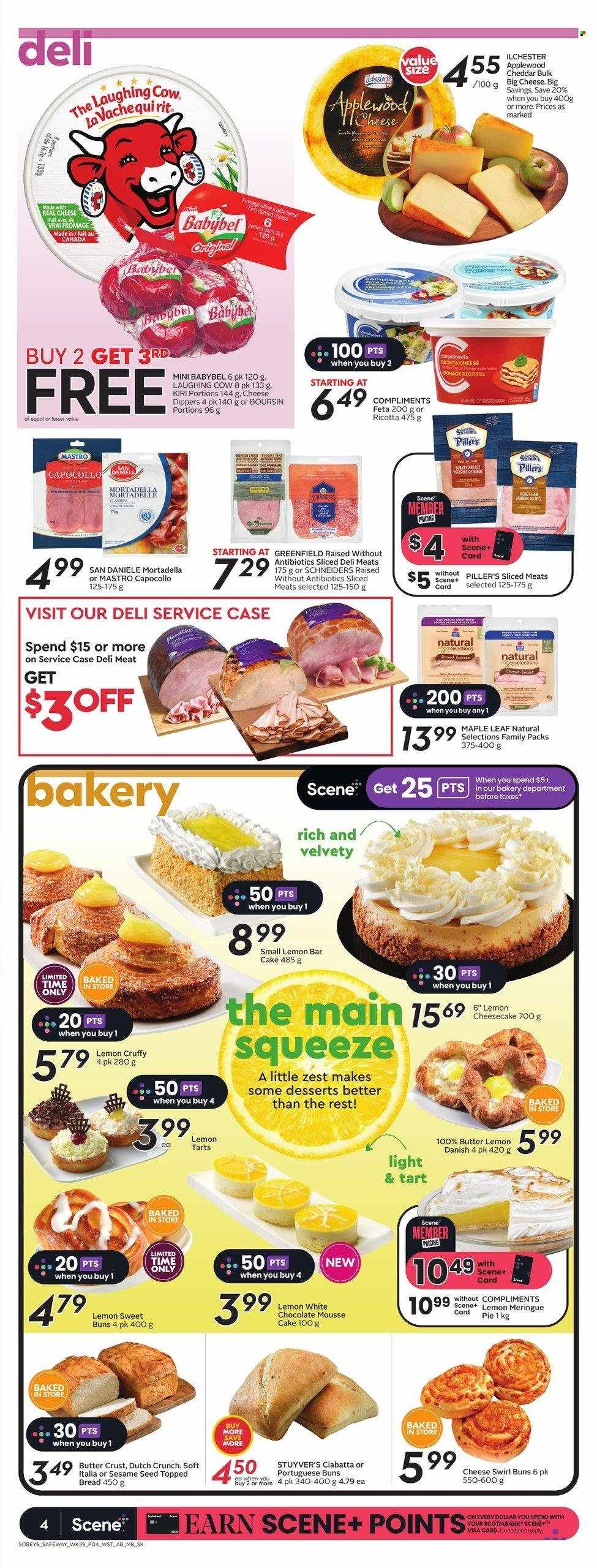 thumbnail - Sobeys Flyer - January 26, 2023 - February 01, 2023 - Sales products - bread, cake, pie, tart, buns, cheesecake, mortadella, cheddar, Kiri, The Laughing Cow, feta, Babybel, butter, chocolate, sesame seed, ciabatta, ricotta. Page 6.