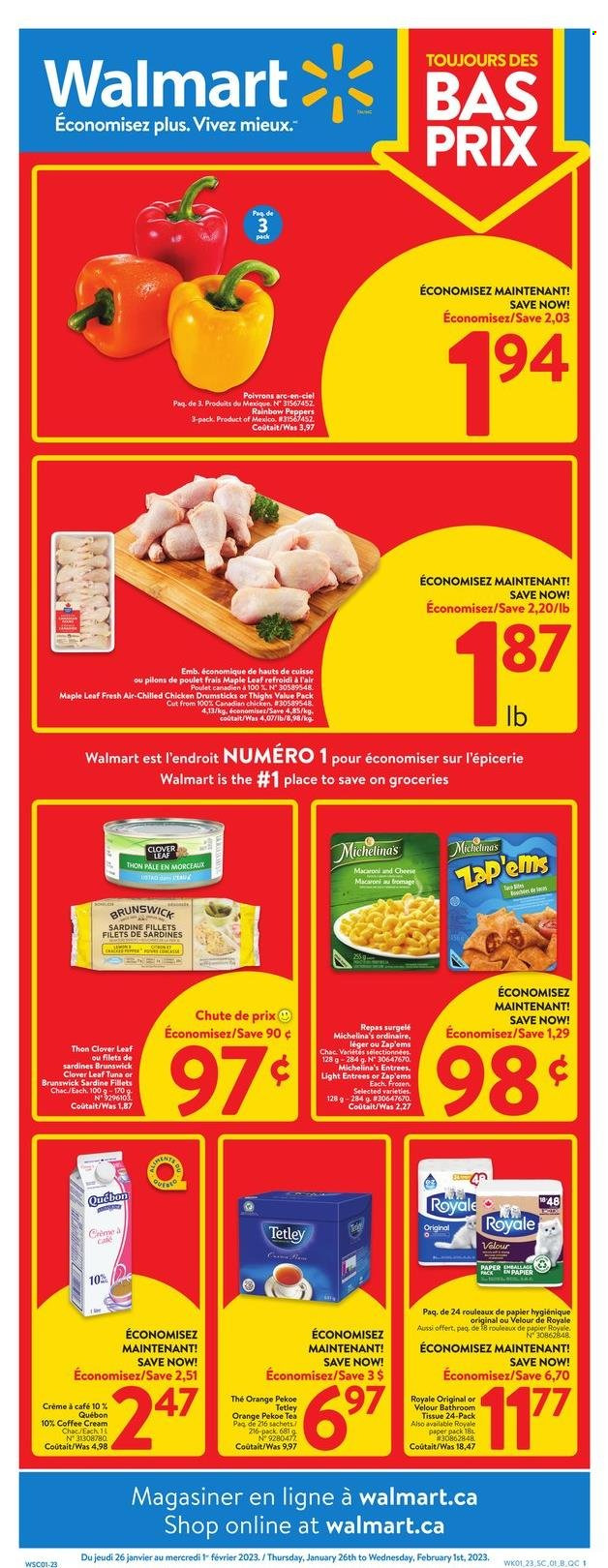 thumbnail - Walmart Flyer - January 26, 2023 - February 01, 2023 - Sales products - peppers, oranges, sardines, tuna, macaroni & cheese, Clover, pepper, tea, chicken drumsticks, chicken, bath tissue, paper. Page 1.