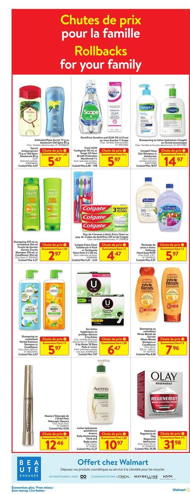 thumbnail - Walmart Flyer - January 26, 2023 - February 01, 2023 - Sales products - spice, honey, Aveeno, Softsoap, hand soap, soap, toothbrush, toothpaste, mouthwash, Crest, sanitary pads, Kotex, L’Oréal, moisturizer, Olay, NYX Cosmetics, conditioner, Herbal Essences, Fructis, body lotion, anti-perspirant, mascara, Maybelline, scope, Colgate, Garnier, shampoo, Old Spice, deodorant. Page 7.