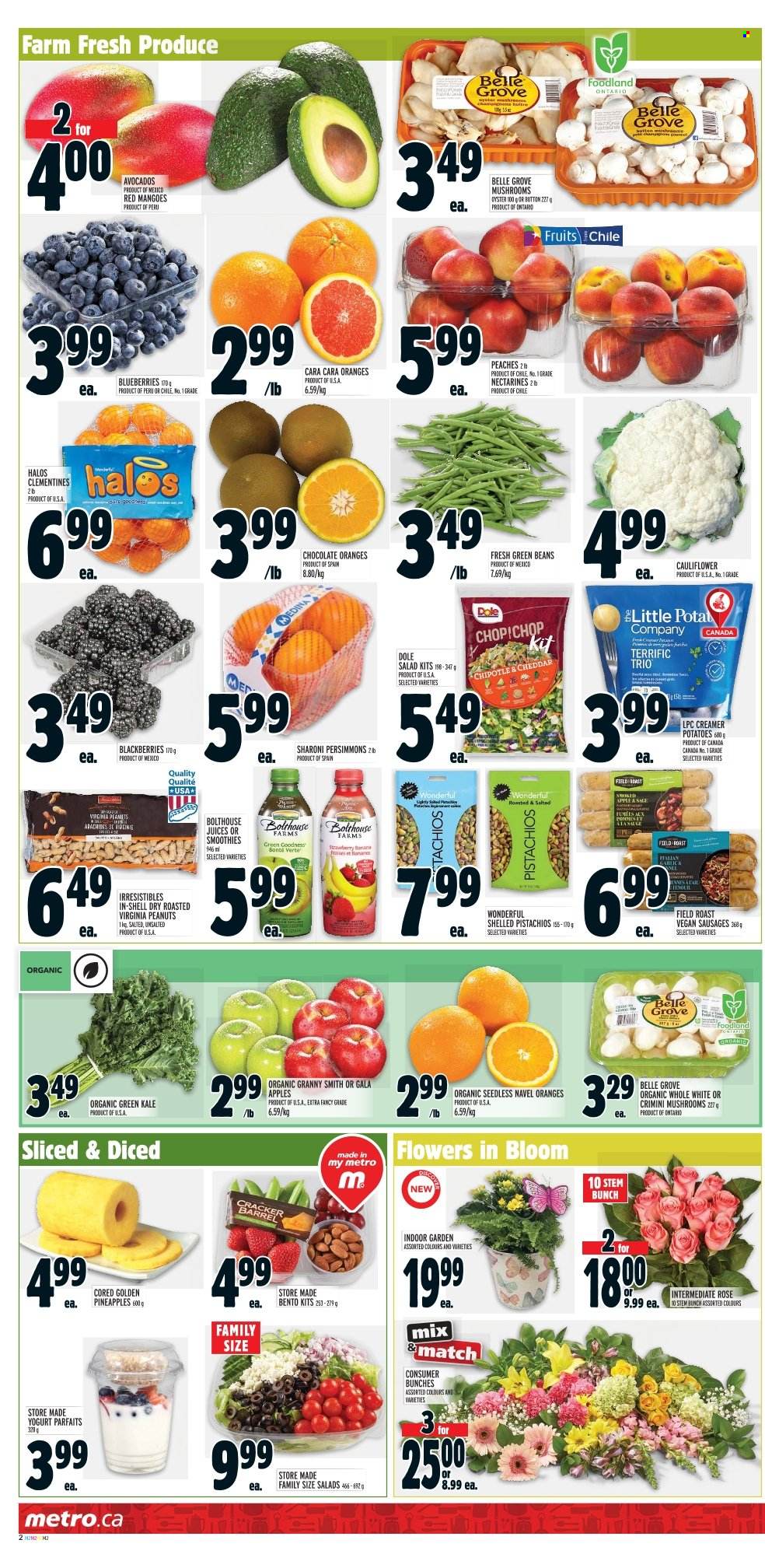 thumbnail - Metro Flyer - January 26, 2023 - February 01, 2023 - Sales products - mushrooms, beans, cauliflower, green beans, kale, potatoes, salad, Dole, avocado, blackberries, clementines, Gala, nectarines, strawberries, pineapple, persimmons, oranges, peaches, Granny Smith, navel oranges, oysters, sausage, cheese, yoghurt, chocolate, peanuts, pistachios, juice, rosé wine, bunches, rose. Page 2.