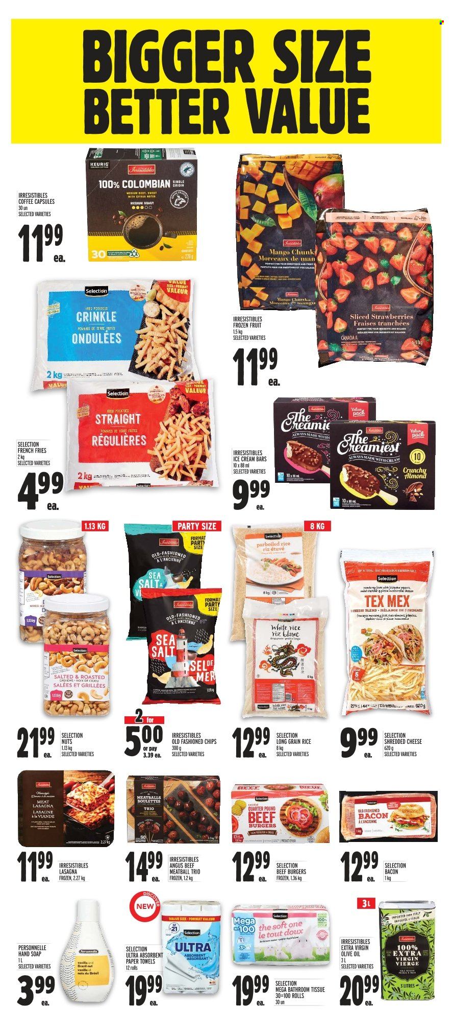 thumbnail - Metro Flyer - January 26, 2023 - February 01, 2023 - Sales products - potatoes, mango, strawberries, pizza, meatballs, hamburger, beef burger, lasagna meal, bacon, shredded cheese, ice cream, ice cream bars, potato fries, french fries, rice, white rice, parboiled rice, long grain rice, extra virgin olive oil, olive oil, coffee, coffee capsules, Keurig, beef meat, bath tissue, kitchen towels, paper towels, hand soap, soap. Page 9.