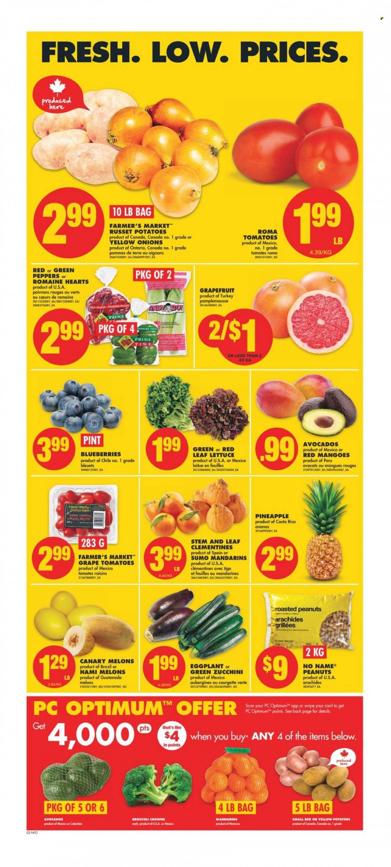 thumbnail - No Frills Flyer - January 26, 2023 - February 01, 2023 - Sales products - russet potatoes, tomatoes, zucchini, potatoes, onion, lettuce, peppers, eggplant, avocado, blueberries, clementines, grapefruits, mandarines, mango, pineapple, melons, No Name, roasted peanuts, peanuts, dried fruit, Optimum, raisins. Page 2.