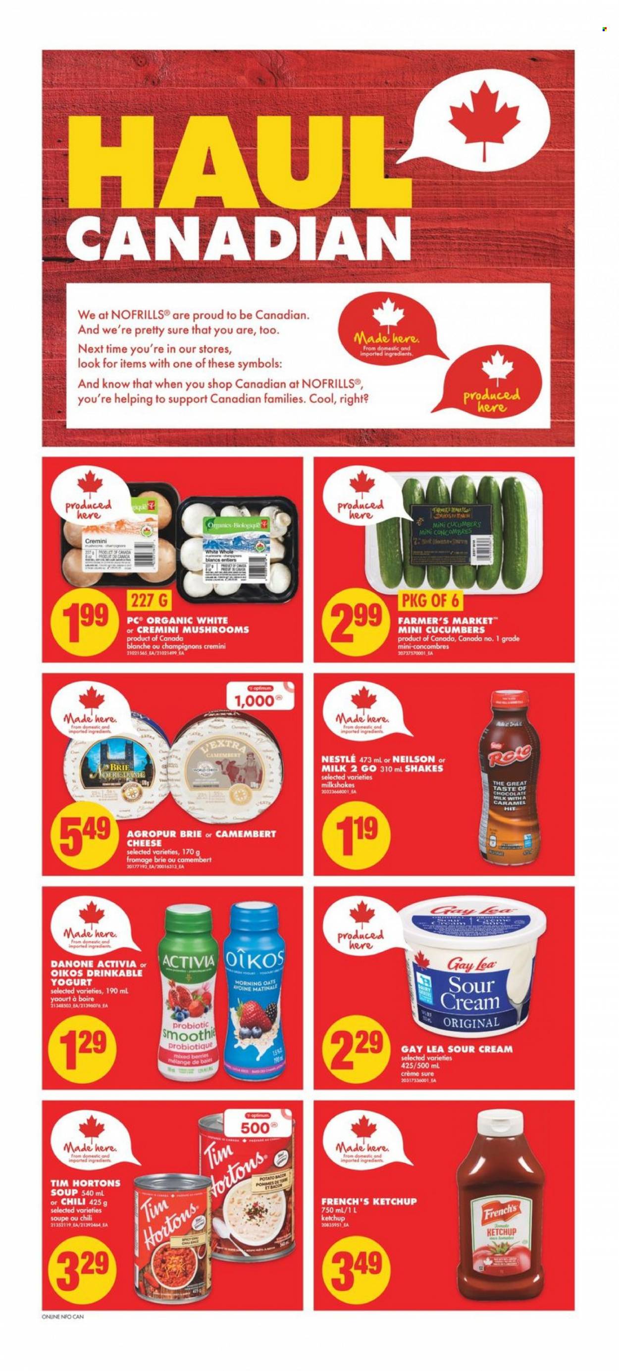 thumbnail - No Frills Flyer - January 26, 2023 - February 01, 2023 - Sales products - soup, bacon, cheese, brie, yoghurt, Activia, Oikos, milk, shake, sour cream, milk chocolate, chocolate, oats, caramel, smoothie, Sure, Optimum, camembert, Nestlé, ketchup, Danone. Page 5.