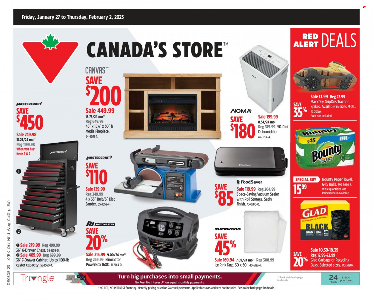 thumbnail - Canadian Tire Flyer - January 27, 2023 - February 02, 2023 - Sales products - Bounty, paper towels, vacuum sealer, cabinet, drawer cabinet, fireplace, belt. Page 1.