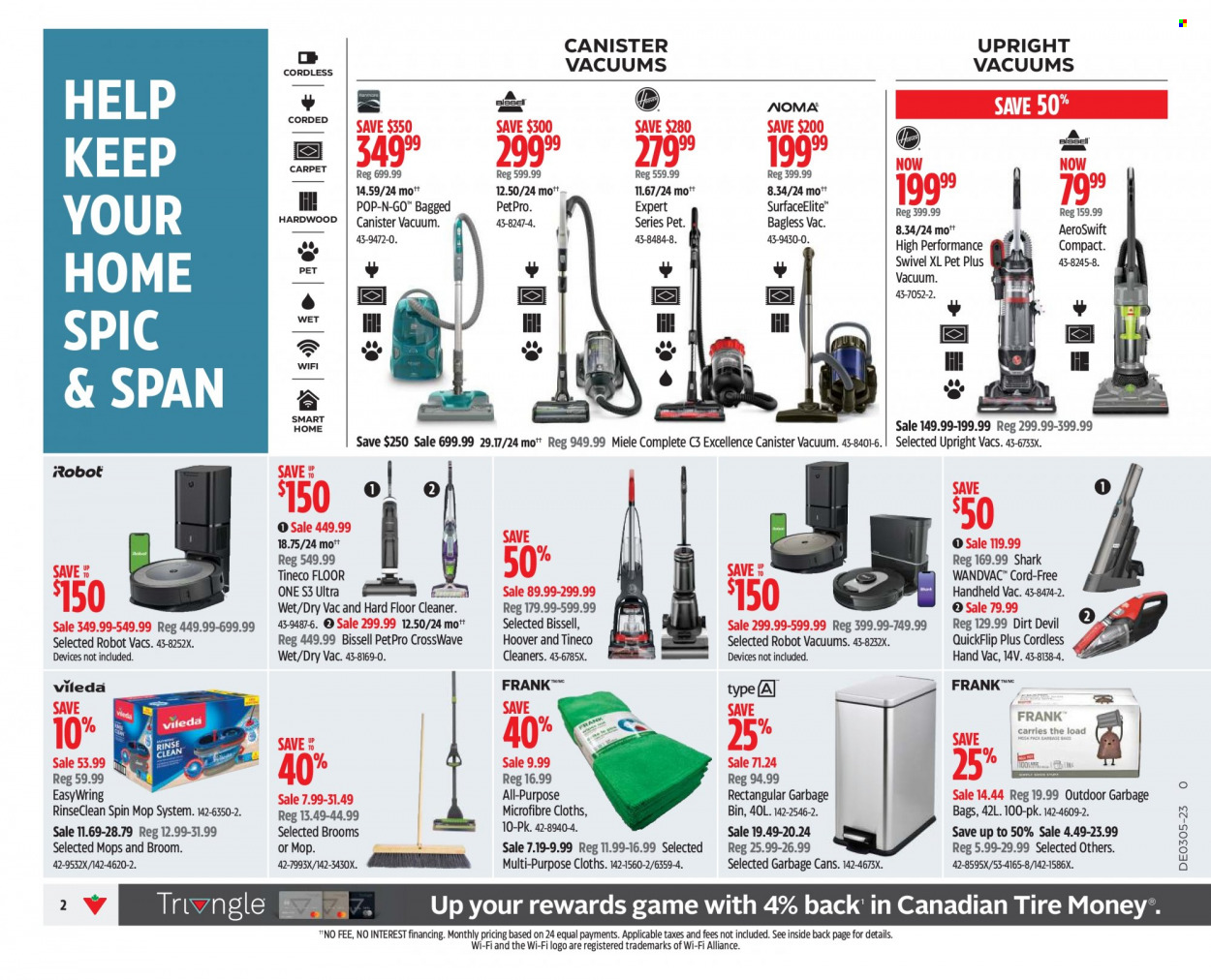 thumbnail - Canadian Tire Flyer - January 27, 2023 - February 02, 2023 - Sales products - cleaner, floor cleaner, spin mop, mop, broom, Bissell, vacuum cleaner, robot, Miele. Page 2.