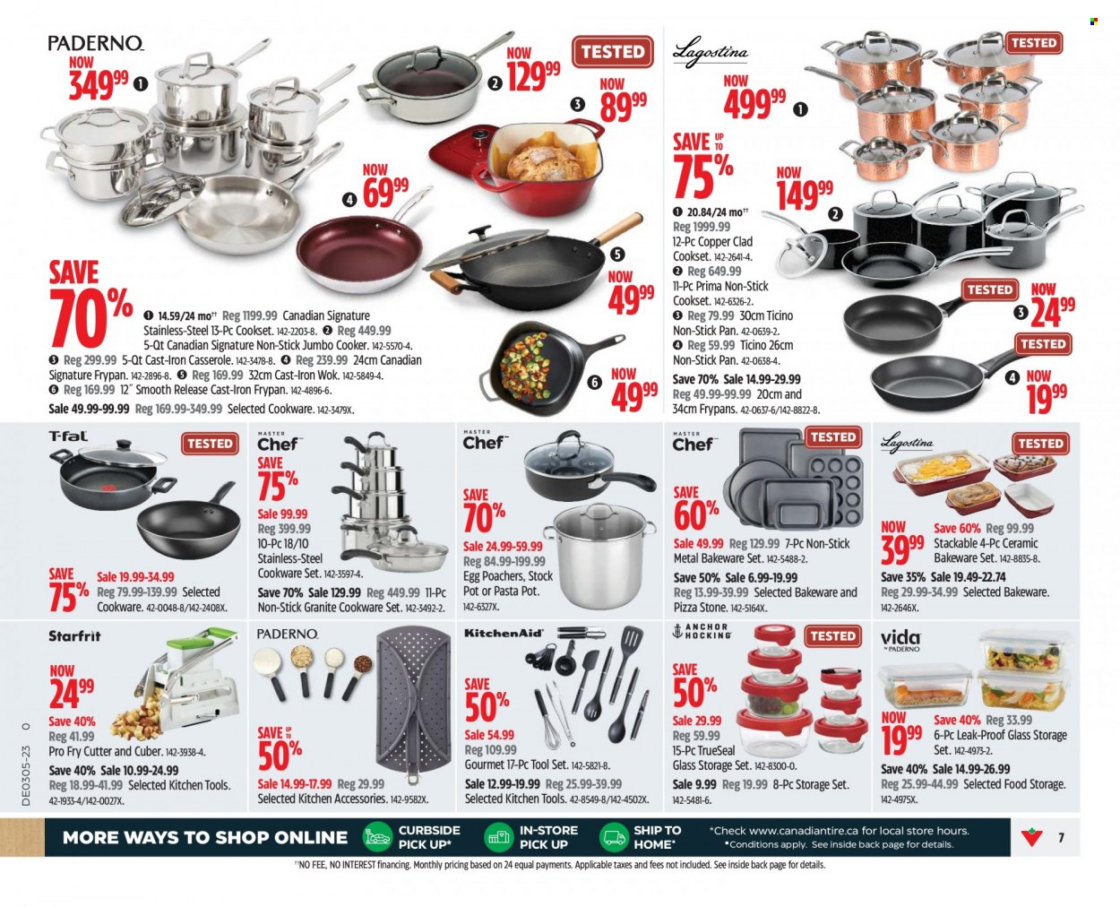 thumbnail - Canadian Tire Flyer - January 27, 2023 - February 02, 2023 - Sales products - cookware set, pot, pan, wok, casserole, stockpot, bakeware, frying pan, kitchen tools, storage container set, cutter, iron, tool set. Page 7.