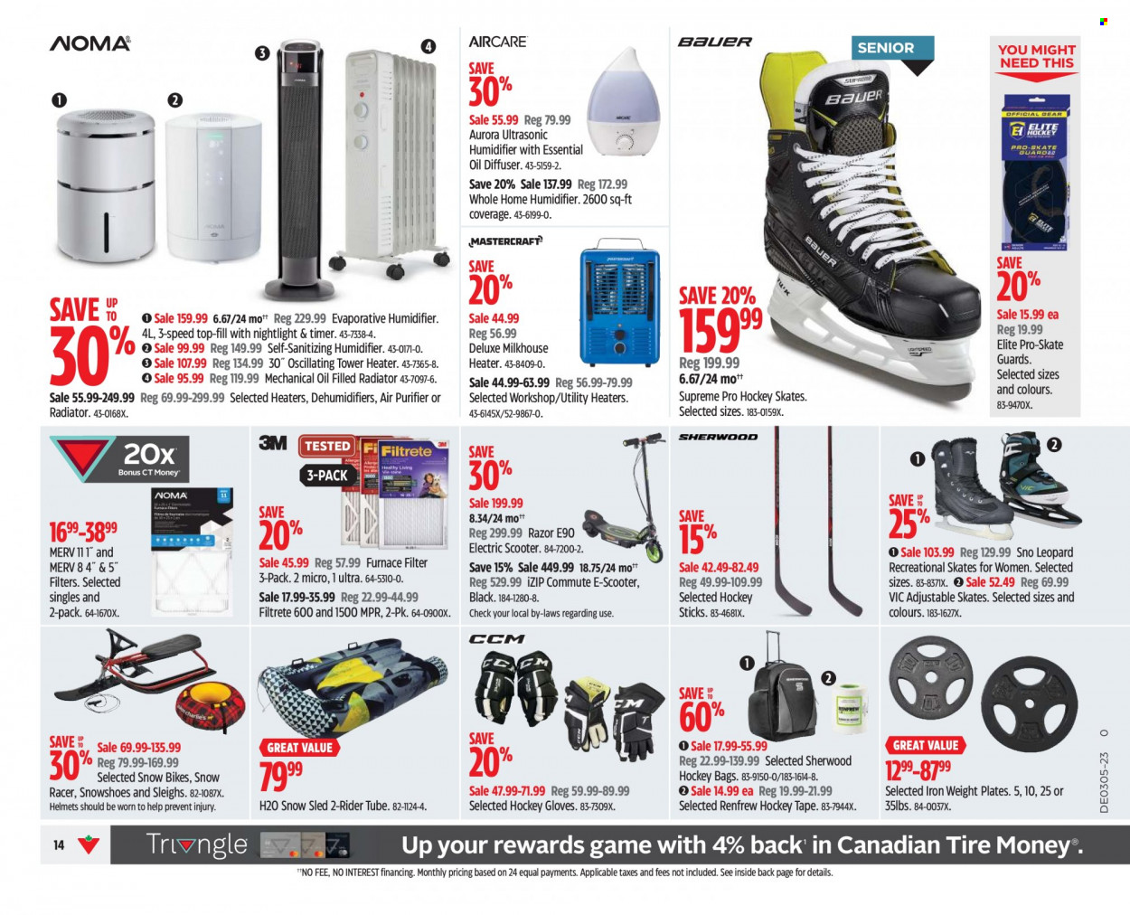 thumbnail - Canadian Tire Flyer - January 27, 2023 - February 02, 2023 - Sales products - bag, gloves, plate, diffuser, air purifier, iron, humidifier, Filtrete, electric scooter, razor, hockey skates, skates, heater, furnace. Page 14.