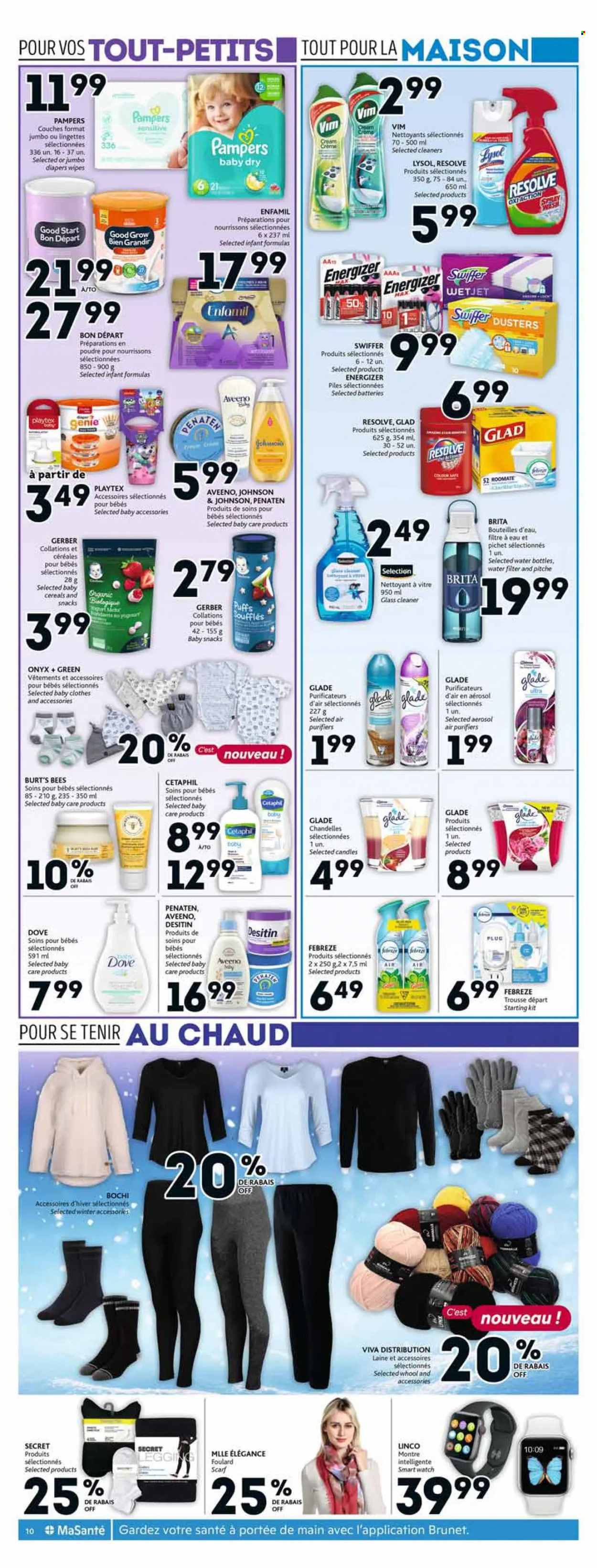 thumbnail - Brunet Flyer - January 26, 2023 - February 01, 2023 - Sales products - Dove, Gerber, wipes, Pampers, nappies, Johnson's, Aveeno, Febreze, cleaner, Lysol, glass cleaner, Swiffer, Playtex, puffs, candle, Glade, battery, baby clothes, Desitin, Energizer. Page 9.