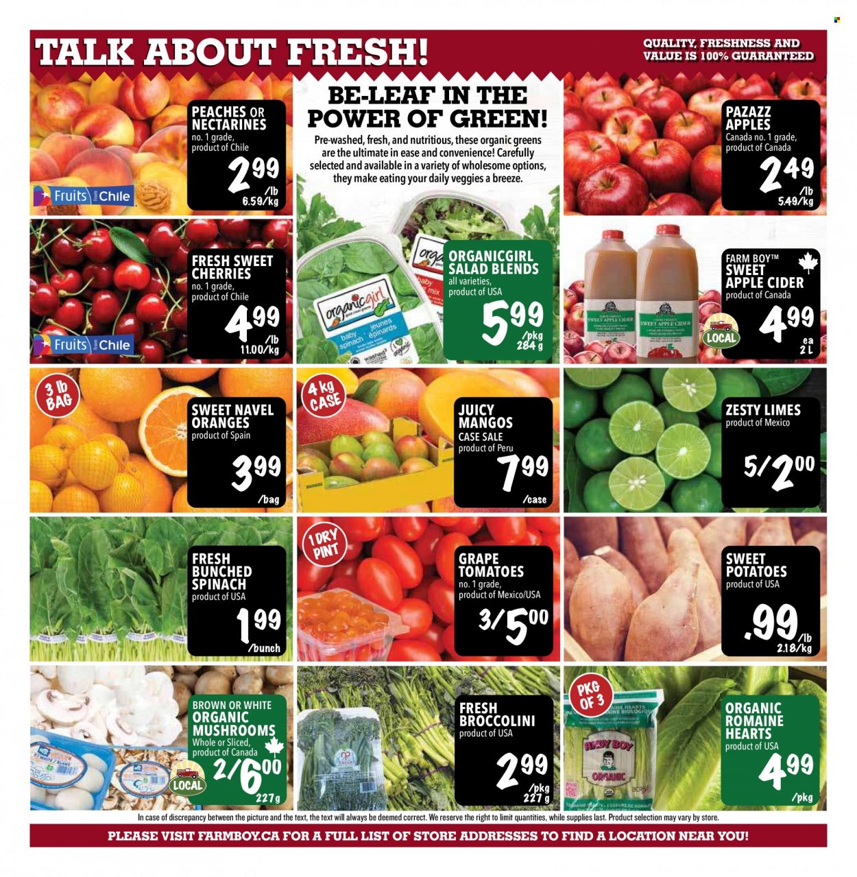 thumbnail - Farm Boy Flyer - January 26, 2023 - February 01, 2023 - Sales products - mushrooms, spinach, sweet potato, tomatoes, potatoes, salad, broccolini, limes, nectarines, oranges, peaches, navel oranges, apple cider, cider. Page 6.