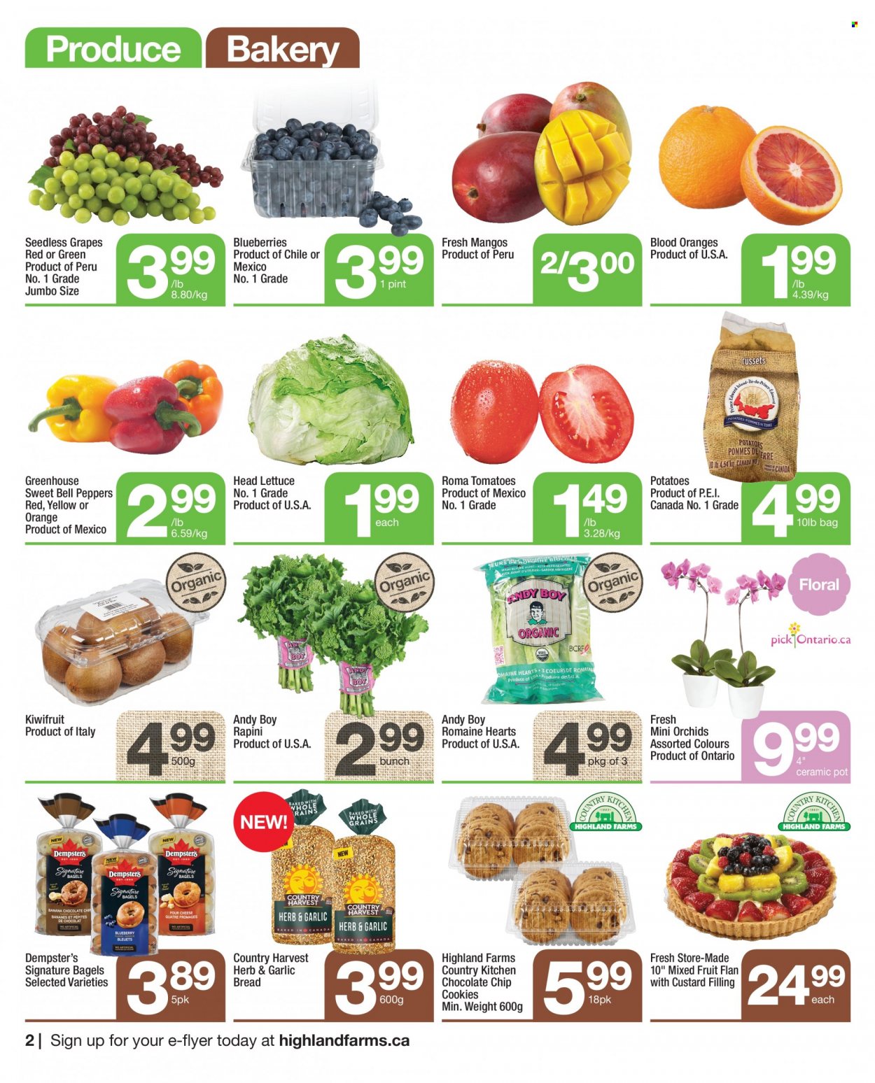 thumbnail - Highland Farms Flyer - January 26, 2023 - February 08, 2023 - Sales products - bagels, bread, bell peppers, tomatoes, potatoes, lettuce, peppers, blueberries, grapes, mango, seedless grapes, oranges, Country Harvest, cookies, kiwi. Page 2.