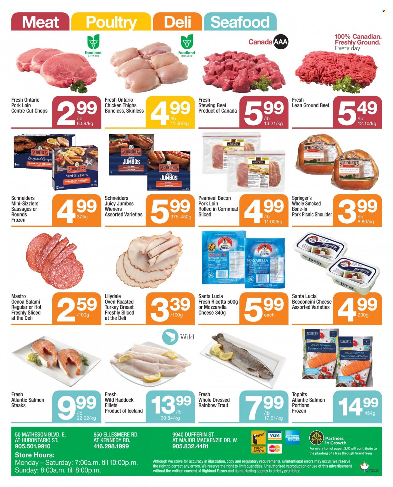 thumbnail - Highland Farms Flyer - January 26, 2023 - February 08, 2023 - Sales products - salmon, trout, haddock, seafood, bacon, salami, sausage, bocconcini, cheese, Santa, chicken thighs, chicken, beef meat, ground beef, stewing beef, pork loin, pork meat, mozzarella, ricotta, steak. Page 4.