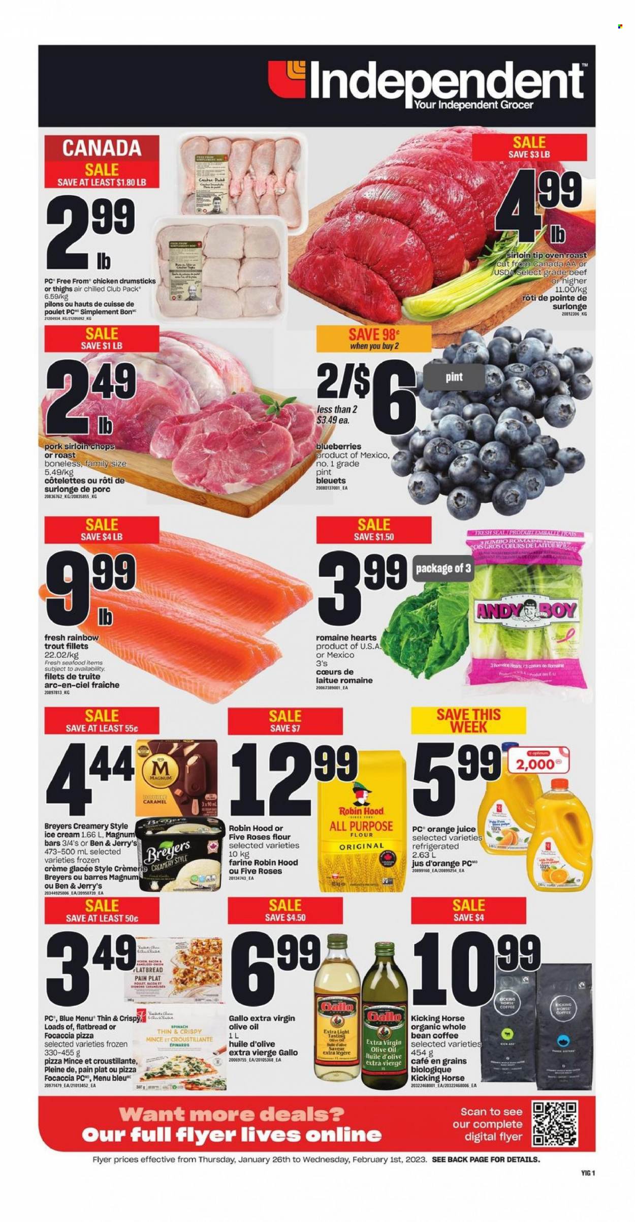 thumbnail - Independent Flyer - January 26, 2023 - February 01, 2023 - Sales products - focaccia, flatbread, onion, blueberries, trout, seafood, pizza, bacon, Magnum, ice cream, Ben & Jerry's, all purpose flour, flour, extra virgin olive oil, olive oil, oil, orange juice, juice, coffee, chicken drumsticks, chicken, pork loin, Optimum. Page 1.