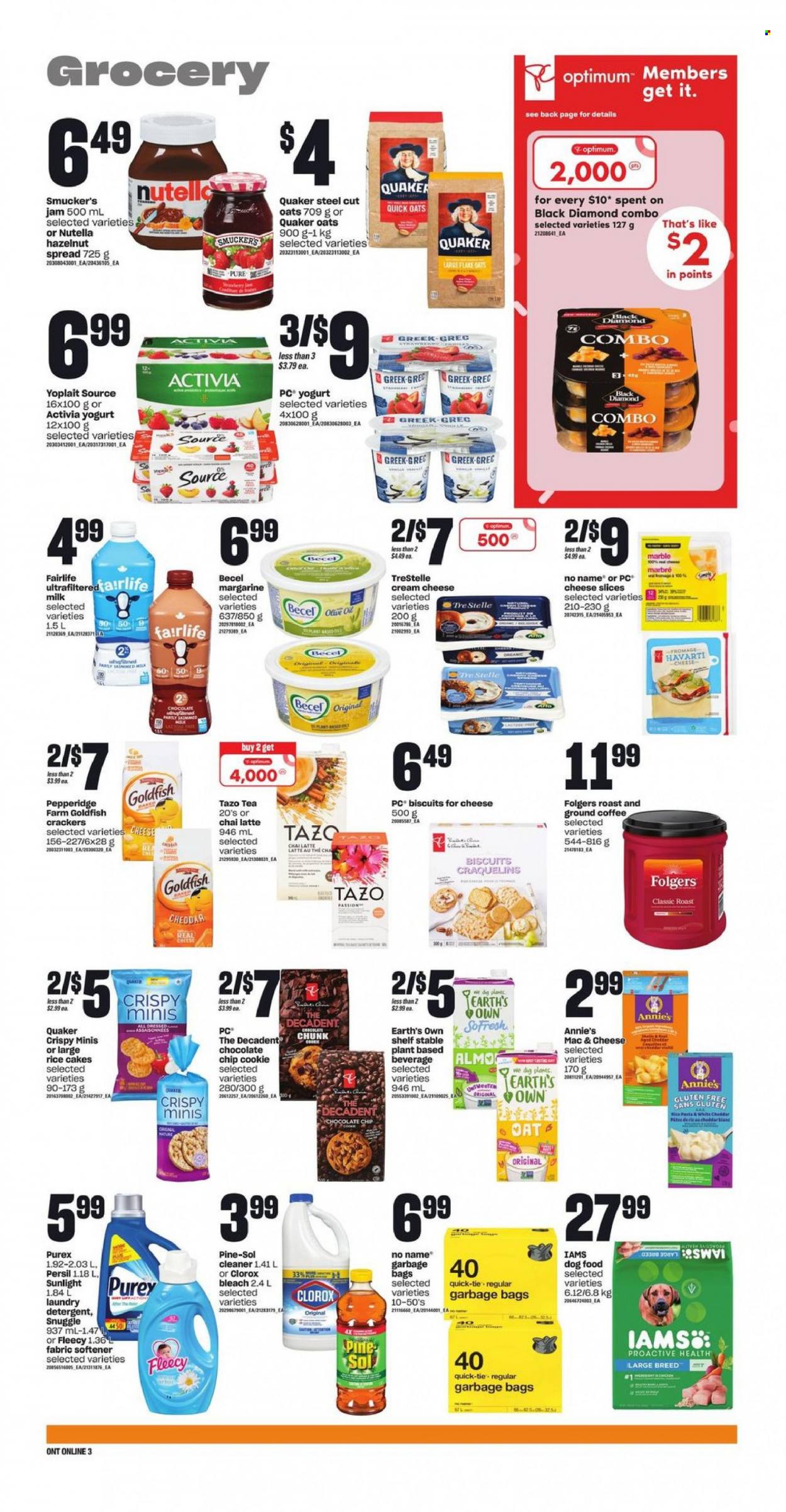 thumbnail - Independent Flyer - January 26, 2023 - February 01, 2023 - Sales products - No Name, pasta, Quaker, Annie's, cream cheese, sliced cheese, Havarti, yoghurt, Activia, Yoplait, milk, margarine, crackers, biscuit, Goldfish, oats, strawberry jam, olive oil, fruit jam, hazelnut spread, tea, coffee, Folgers, ground coffee, cleaner, bleach, Clorox, Pine-Sol, Snuggle, Persil, fabric softener, laundry detergent, Sunlight, Purex, bag, animal food, dog food, Optimum, Iams, detergent, Nutella. Page 11.
