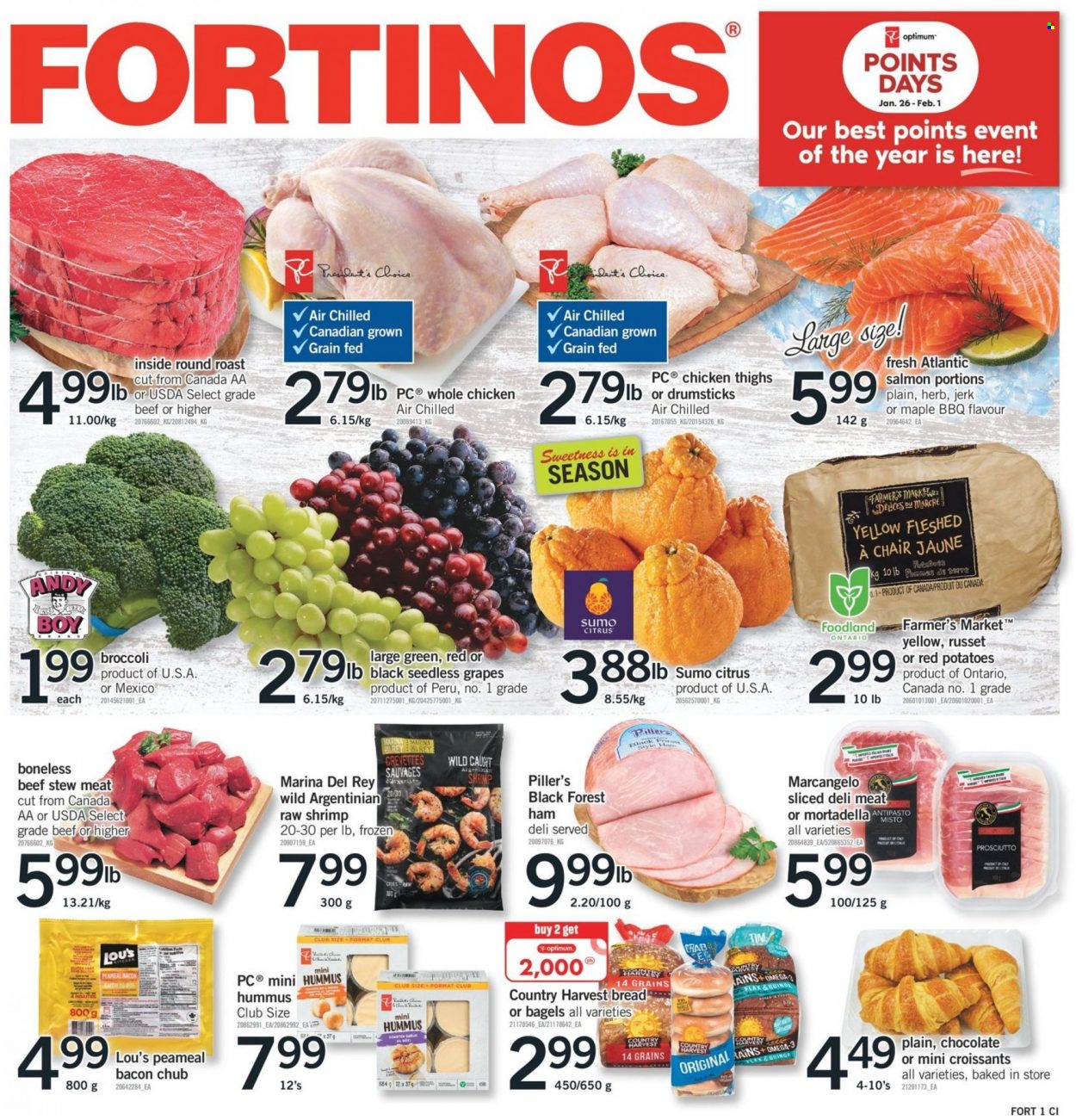 thumbnail - Fortinos Flyer - January 26, 2023 - February 01, 2023 - Sales products - stew meat, chair, bagels, bread, croissant, broccoli, russet potatoes, potatoes, red potatoes, grapes, seedless grapes, sumo citrus, salmon, crab, shrimps, bacon, mortadella, ham, prosciutto, hummus, Country Harvest, chocolate, herbs, whole chicken, chicken thighs, chicken, beef meat, round roast, Optimum, Omega-3. Page 1.