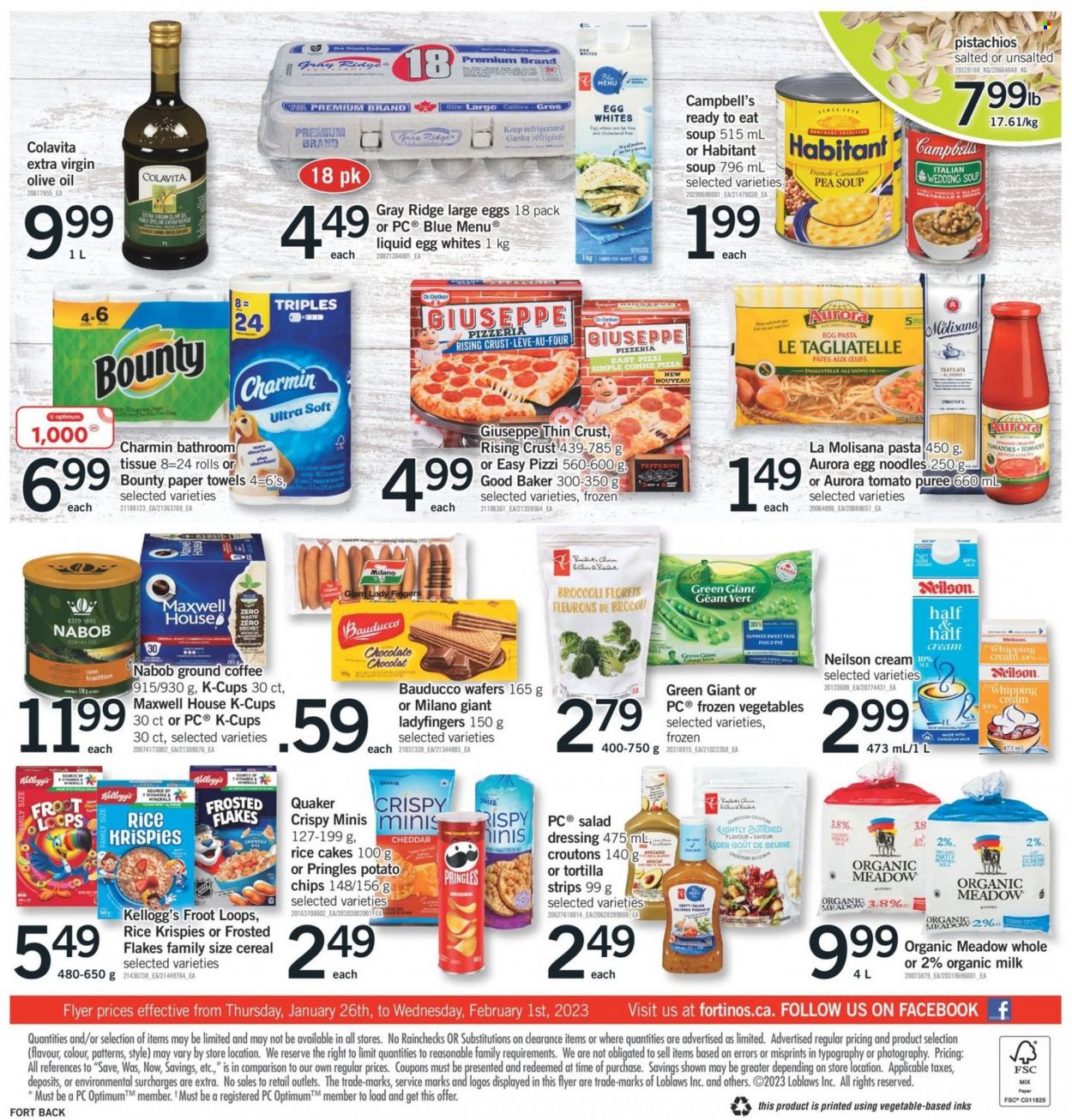 thumbnail - Fortinos Flyer - January 26, 2023 - February 01, 2023 - Sales products - tortillas, broccoli, peas, avocado, Campbell's, pizza, soup, pasta, Quaker, noodles, pepperoni, Dr. Oetker, organic milk, large eggs, whipping cream, frozen vegetables, lady fingers, wafers, chocolate, Bounty, Kellogg's, potato chips, Pringles, croutons, tomato sauce, tomato puree, cereals, Rice Krispies, Frosted Flakes, egg noodles, salad dressing, dressing, extra virgin olive oil, olive oil, oil, pistachios, Maxwell House, coffee, ground coffee, coffee capsules, K-Cups, Half and half, bath tissue, kitchen towels, paper towels, Charmin, Optimum. Page 2.