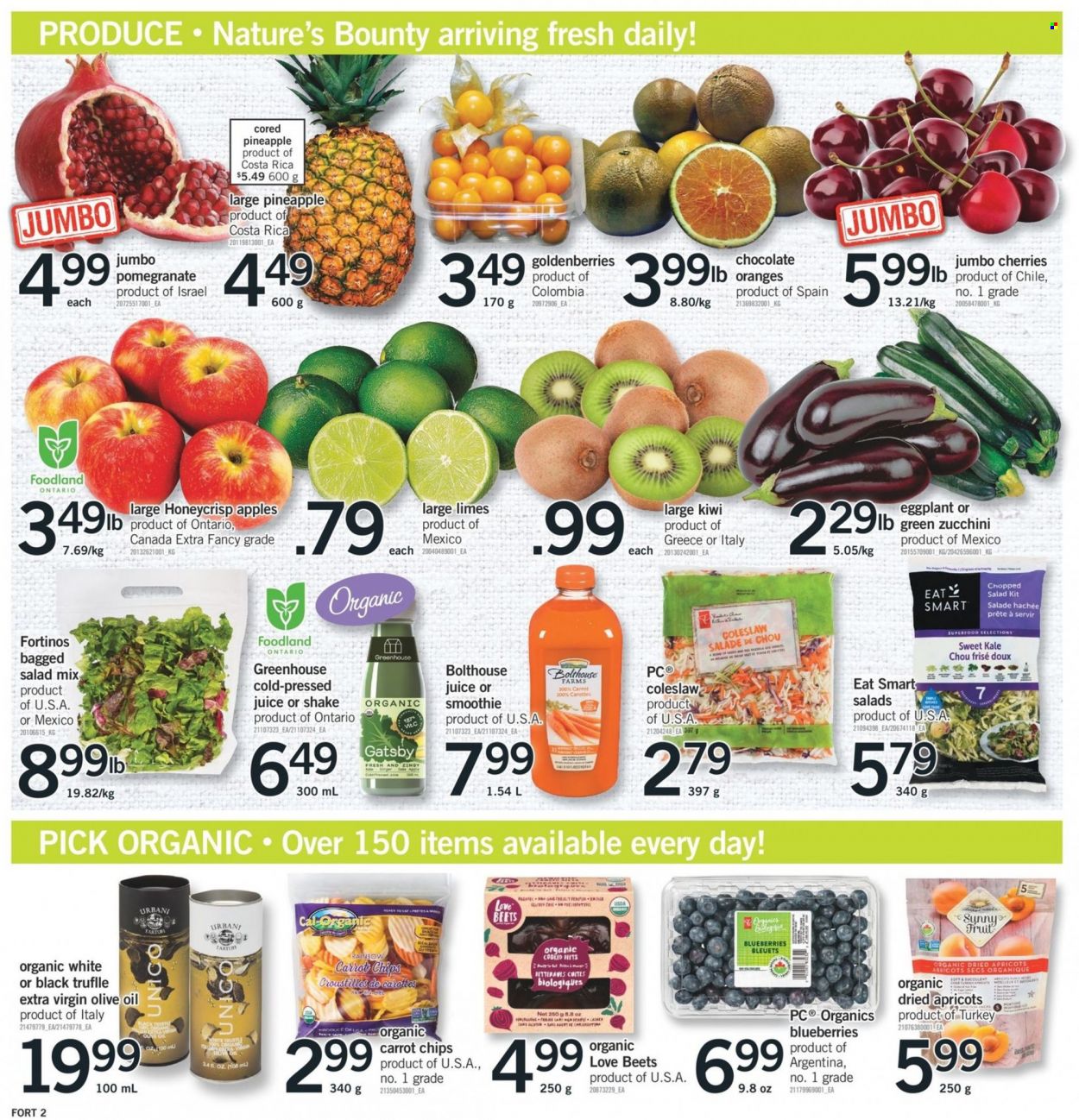 thumbnail - Fortinos Flyer - January 26, 2023 - February 01, 2023 - Sales products - ginger, zucchini, kale, salad, eggplant, chopped salad, apples, limes, pineapple, oranges, apricots, pomegranate, coleslaw, shake, chocolate, truffles, chips, extra virgin olive oil, olive oil, oil, dried fruit, juice, smoothie, greenhouse, succulent, Nature's Bounty, kiwi. Page 3.