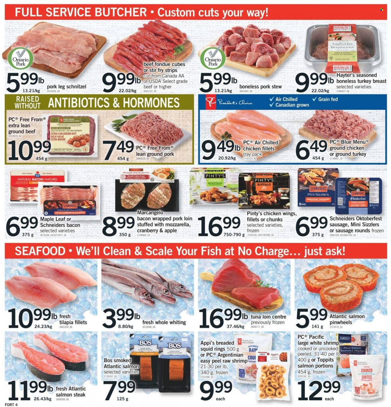 thumbnail - Fortinos Flyer - January 26, 2023 - February 01, 2023 - Sales products - scale, salmon, squid, tilapia, tuna, seafood, fish, shrimps, whiting, squid rings, schnitzel, bacon, sausage, chicken wings, strips, ground chicken, ground turkey, turkey breast, stir fry strips, chicken, turkey, beef meat, ground beef, ground pork, pork loin, pork meat, pork leg, steak. Page 5.