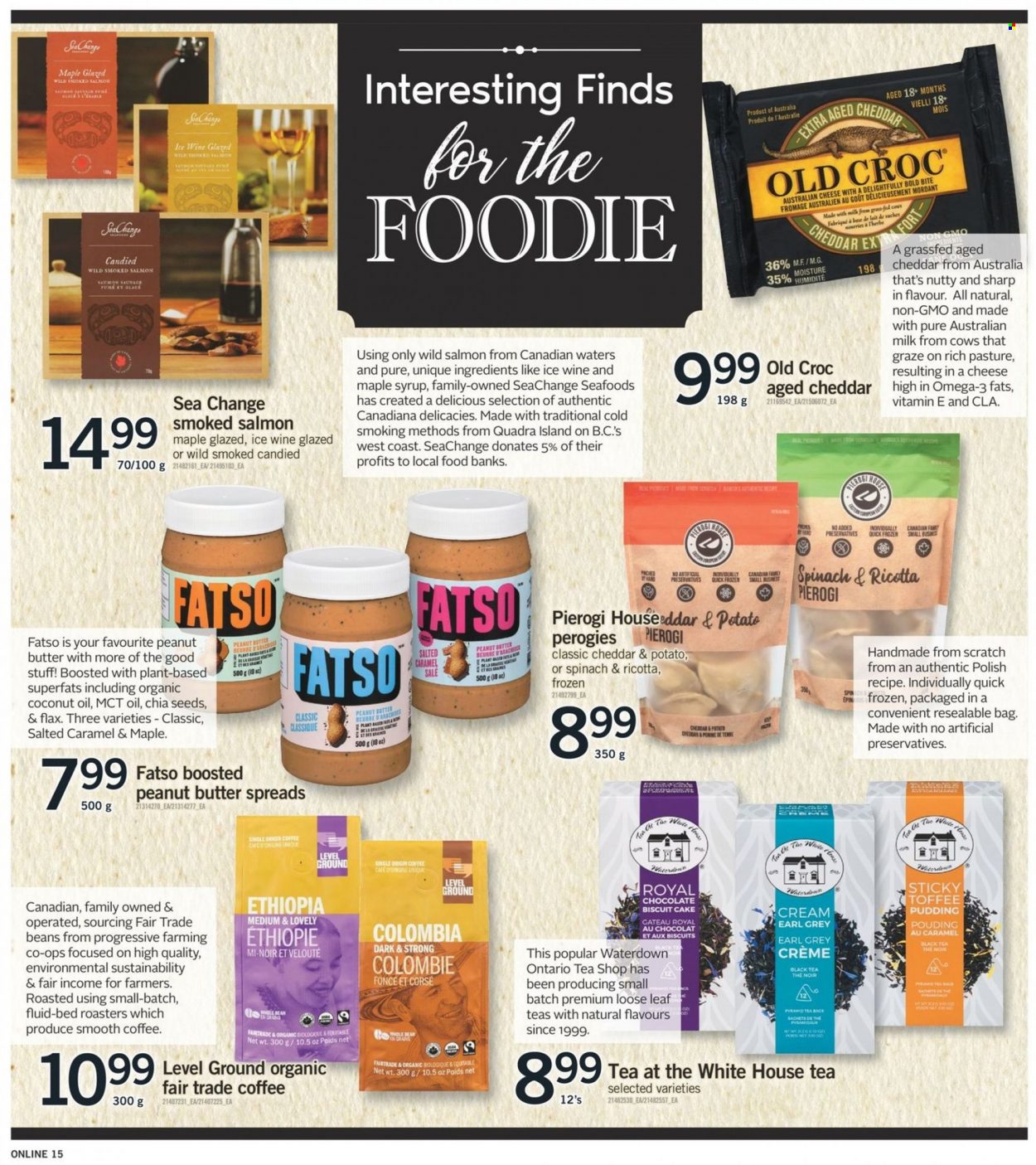 thumbnail - Fortinos Flyer - January 26, 2023 - February 01, 2023 - Sales products - cake, salmon, smoked salmon, pierogi, cheddar, cheese, pudding, milk, chocolate, toffee, biscuit, chia seeds, coconut oil, maple syrup, peanut butter, syrup, Graze, tea bags, coffee, wine, Grant's, polish, Sharp, bed, ricotta. Page 15.