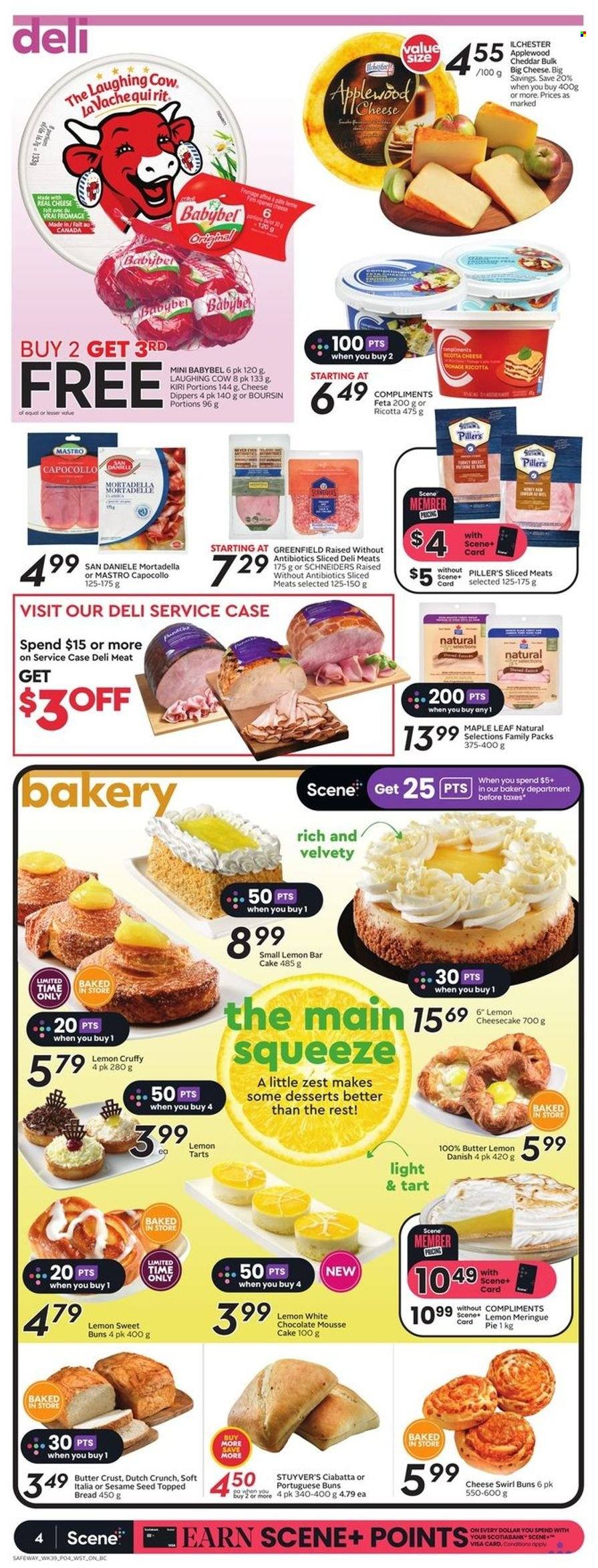 thumbnail - Safeway Flyer - January 26, 2023 - February 01, 2023 - Sales products - bread, cake, pie, tart, buns, cheesecake, mortadella, cheddar, Kiri, The Laughing Cow, feta, Babybel, butter, chocolate, sesame seed, ciabatta, ricotta. Page 5.
