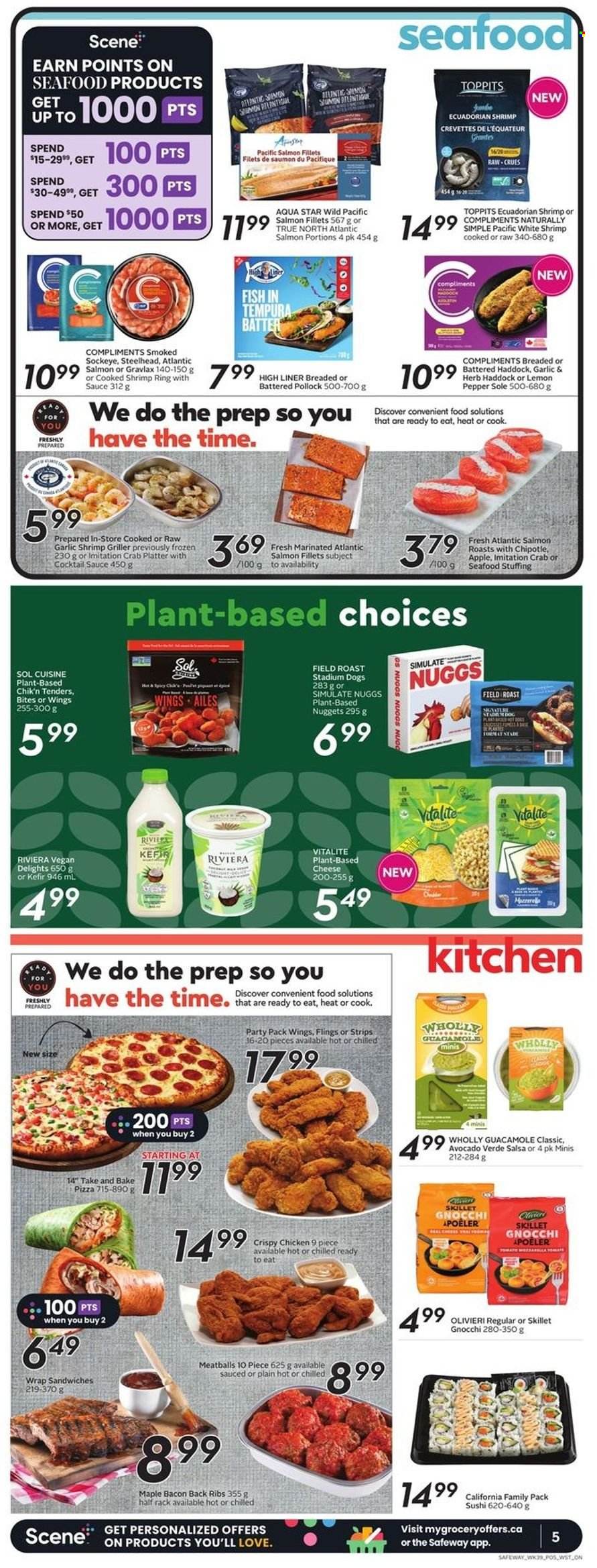 thumbnail - Safeway Flyer - January 26, 2023 - February 01, 2023 - Sales products - avocado, salmon, salmon fillet, haddock, pollock, seafood, crab, fish, shrimps, pizza, meatballs, sandwich, nuggets, bacon, kefir, strips, cocktail sauce, salsa, Sol, ribs, pot, gnocchi. Page 6.