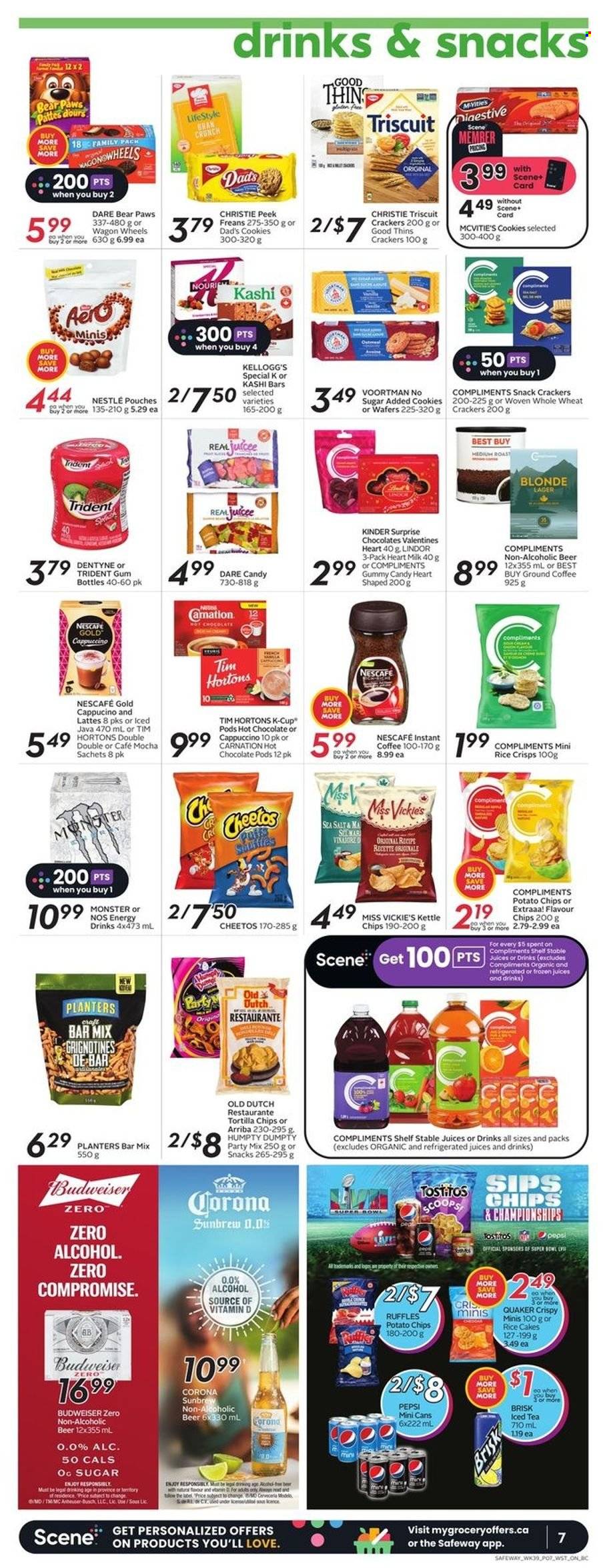 thumbnail - Safeway Flyer - January 26, 2023 - February 01, 2023 - Sales products - Quaker, milk, cookies, wafers, Kinder Surprise, crackers, Kellogg's, Digestive, Trident, tortilla chips, potato chips, Cheetos, Thins, Ruffles, rice crisps, Planters, Pepsi, juice, energy drink, Monster, ice tea, hot chocolate, cappuccino, coffee, instant coffee, ground coffee, coffee capsules, K-Cups, beer, Busch, Corona Extra, Lager, Modelo, Budweiser, Nestlé, Lindor, Nescafé. Page 8.