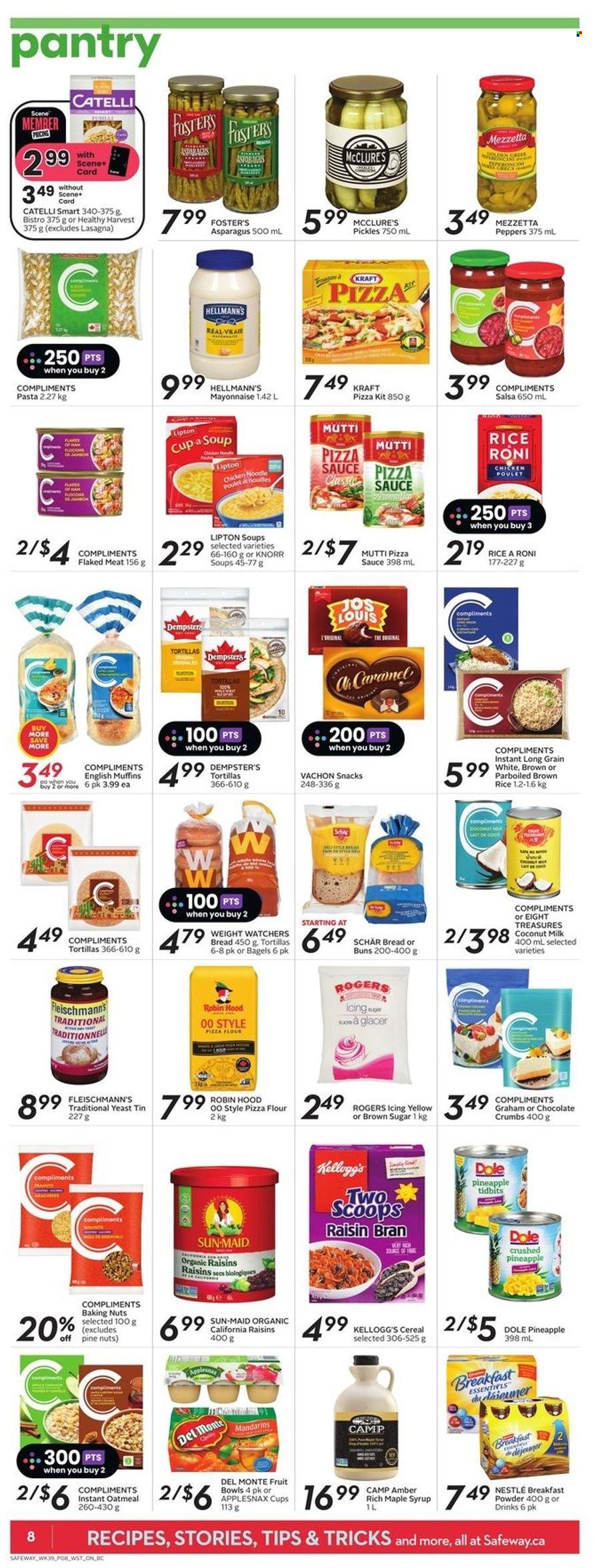 thumbnail - Safeway Flyer - January 26, 2023 - February 01, 2023 - Sales products - bagels, bread, english muffins, tortillas, buns, asparagus, Dole, peppers, apples, mandarines, pineapple, cod, soup, pasta, sauce, noodles, Kraft®, ham, yeast, mayonnaise, Hellmann’s, chocolate, snack, Kellogg's, oatmeal, coconut milk, pickles, Del Monte, cereals, Raisin Bran, brown rice, rice, caramel, salsa, maple syrup, syrup, pine nuts, Nestlé, Lipton, Knorr. Page 9.