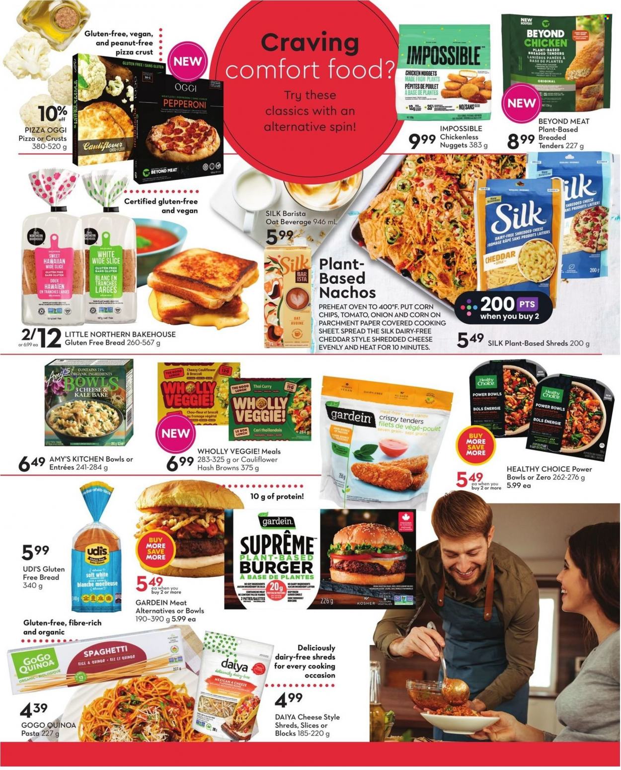 thumbnail - Safeway Flyer - January 26, 2023 - February 01, 2023 - Sales products - onion, spaghetti, pizza, nuggets, hamburger, pasta, chicken nuggets, Healthy Choice, pepperoni, shredded cheese, Silk, hash browns, chips, corn chips, oats, quinoa. Page 18.