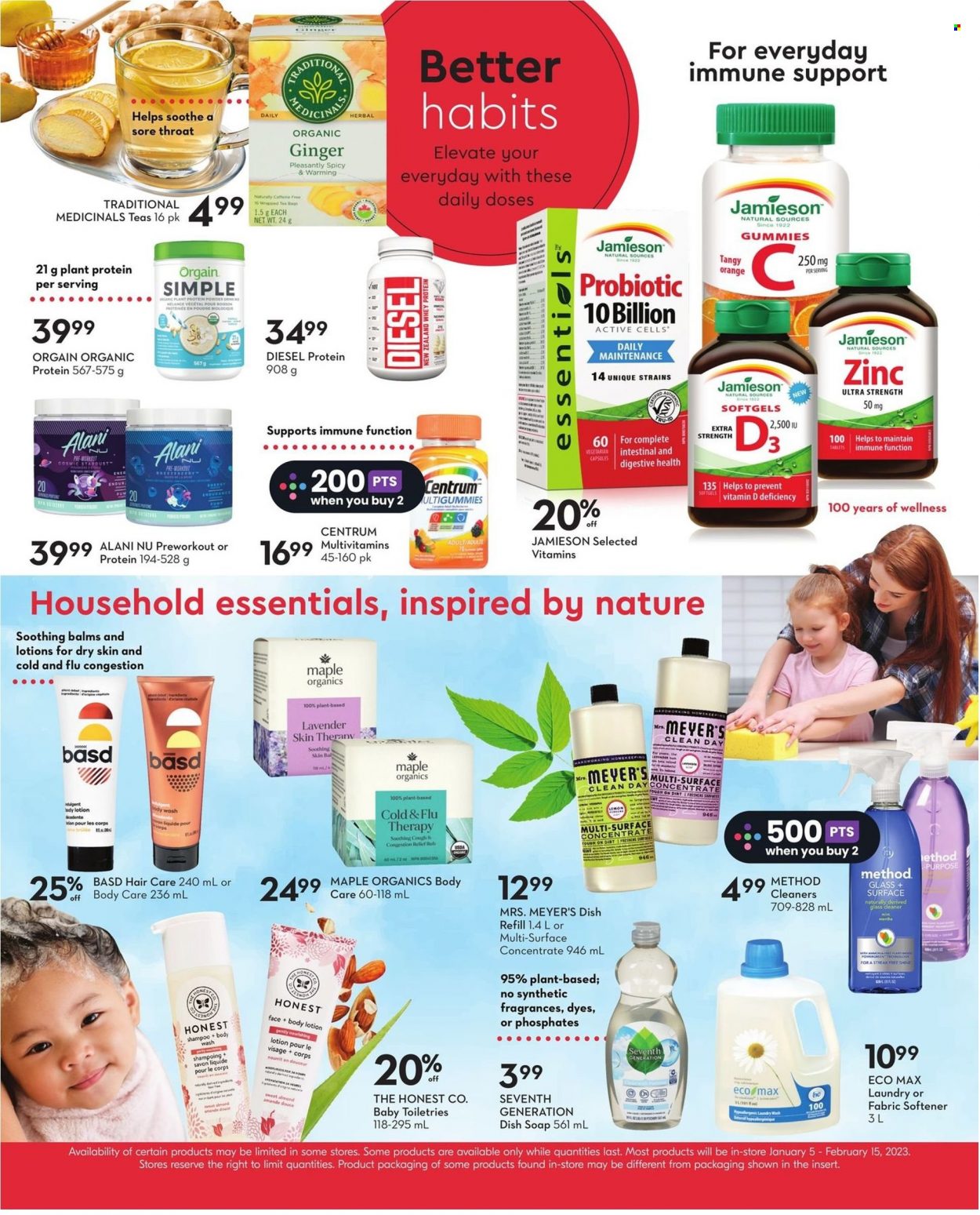 thumbnail - Safeway Flyer - January 26, 2023 - February 01, 2023 - Sales products - ginger, oranges, plant protein, powder drink, tea bags, cleaner, glass cleaner, fabric softener, body wash, soap, body lotion, Cold & Flu, multivitamin, zinc, whey protein, Centrum, shampoo. Page 19.