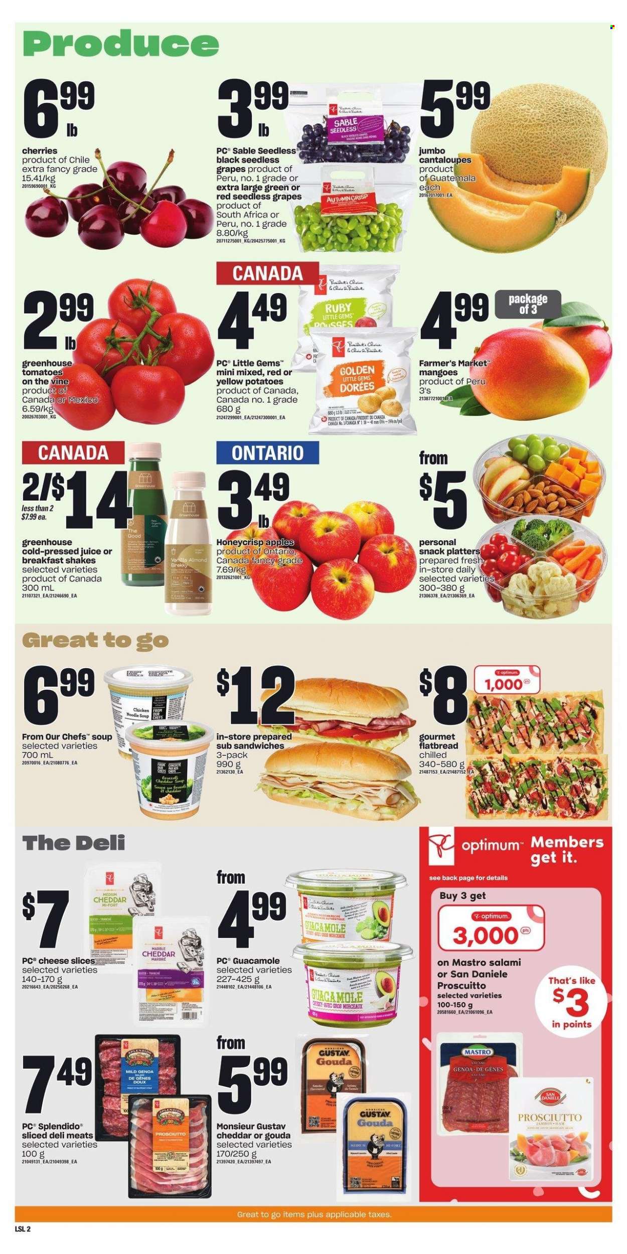 thumbnail - Loblaws Flyer - January 26, 2023 - February 01, 2023 - Sales products - flatbread, cantaloupe, tomatoes, potatoes, apples, grapes, mango, seedless grapes, cherries, soup, noodles cup, noodles, salami, ham, prosciutto, guacamole, gouda, sliced cheese, cheddar, cheese, shake, juice, Optimum. Page 3.