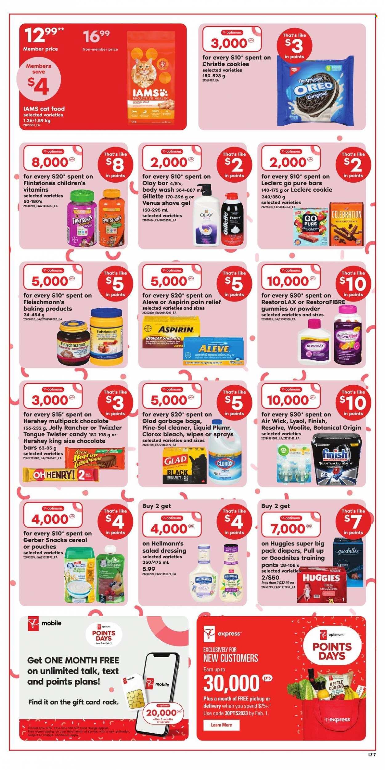 thumbnail - Loblaws Flyer - January 26, 2023 - February 01, 2023 - Sales products - Hellmann’s, cookies, snack, Celebration, chocolate bar, Gerber, cereals, salad dressing, dressing, wipes, pants, nappies, cleaner, bleach, Lysol, Clorox, Woolite, Pine-Sol, body wash, Gillette, Olay, shave gel, Venus, bag, Air Wick, essential oils, animal food, cat food, Optimum, Iams, pain relief, Aleve, aspirin, Huggies, Oreo, Twister. Page 8.