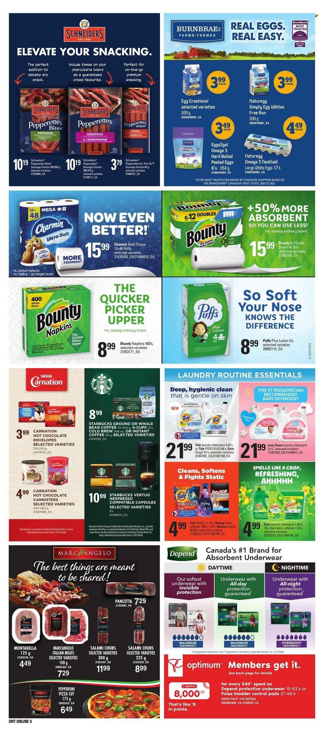 thumbnail - Loblaws Flyer - January 26, 2023 - February 01, 2023 - Sales products - puffs, pizza, mortadella, salami, sausage, pepperoni, eggs, snack, Bounty, hot chocolate, coffee, instant coffee, Nespresso, coffee capsules, Starbucks, K-Cups, Keurig, Green Mountain, napkins, bath tissue, Charmin, Gain, Tide, fabric softener, laundry detergent, Bounce, Downy Laundry, fragrance, Trust, Optimum, TV, Omega-3, detergent, Nestlé, pancetta. Page 13.