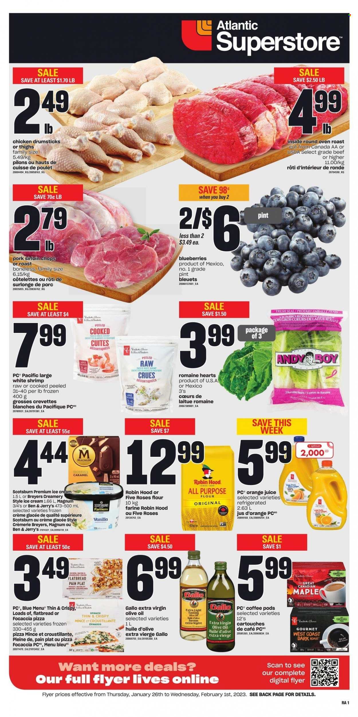 thumbnail - Atlantic Superstore Flyer - January 26, 2023 - February 01, 2023 - Sales products - focaccia, flatbread, onion, blueberries, shrimps, pizza, bacon, Magnum, ice cream, Ben & Jerry's, all purpose flour, flour, extra virgin olive oil, olive oil, oil, orange juice, juice, coffee, coffee pods, chicken drumsticks, chicken, pork loin. Page 1.