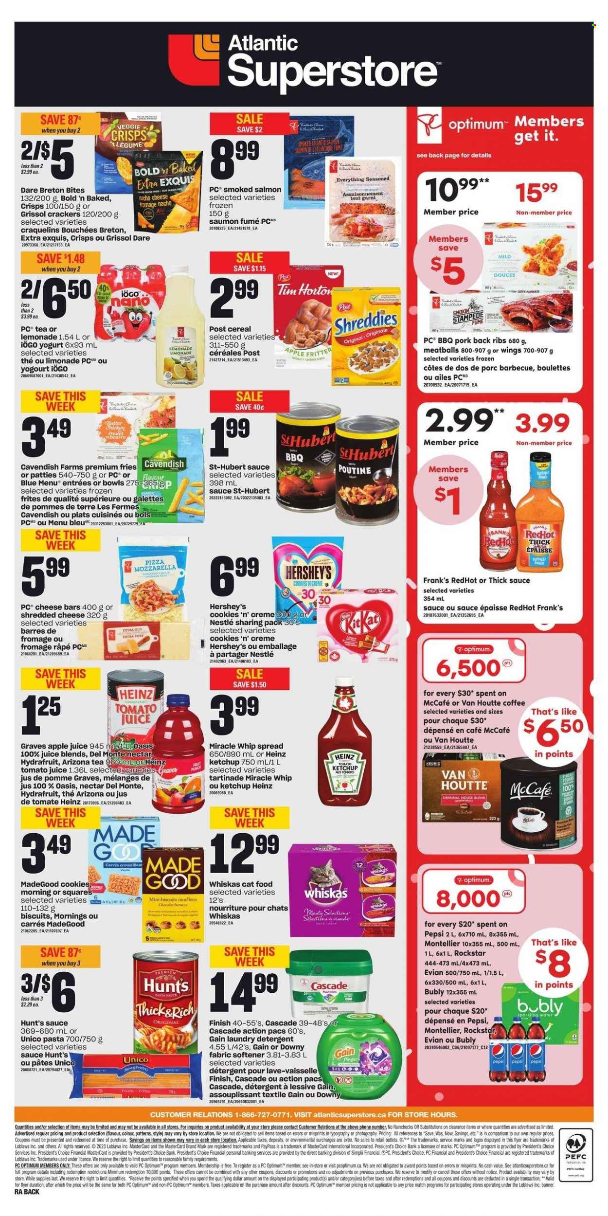 thumbnail - Atlantic Superstore Flyer - January 26, 2023 - February 01, 2023 - Sales products - smoked salmon, pizza, meatballs, pasta, shredded cheese, yoghurt, Miracle Whip, Hershey's, potato fries, cookies, crackers, biscuit, Del Monte, cereals, apple juice, lemonade, tomato juice, Pepsi, juice, AriZona, Rockstar, sparkling water, Evian, tea, coffee, McCafe, ribs, pork meat, pork ribs, pork back ribs, Gain, fabric softener, laundry detergent, Cascade, Downy Laundry, animal food, cat food, Optimum, detergent, Nestlé, Heinz, ketchup, Whiskas. Page 2.