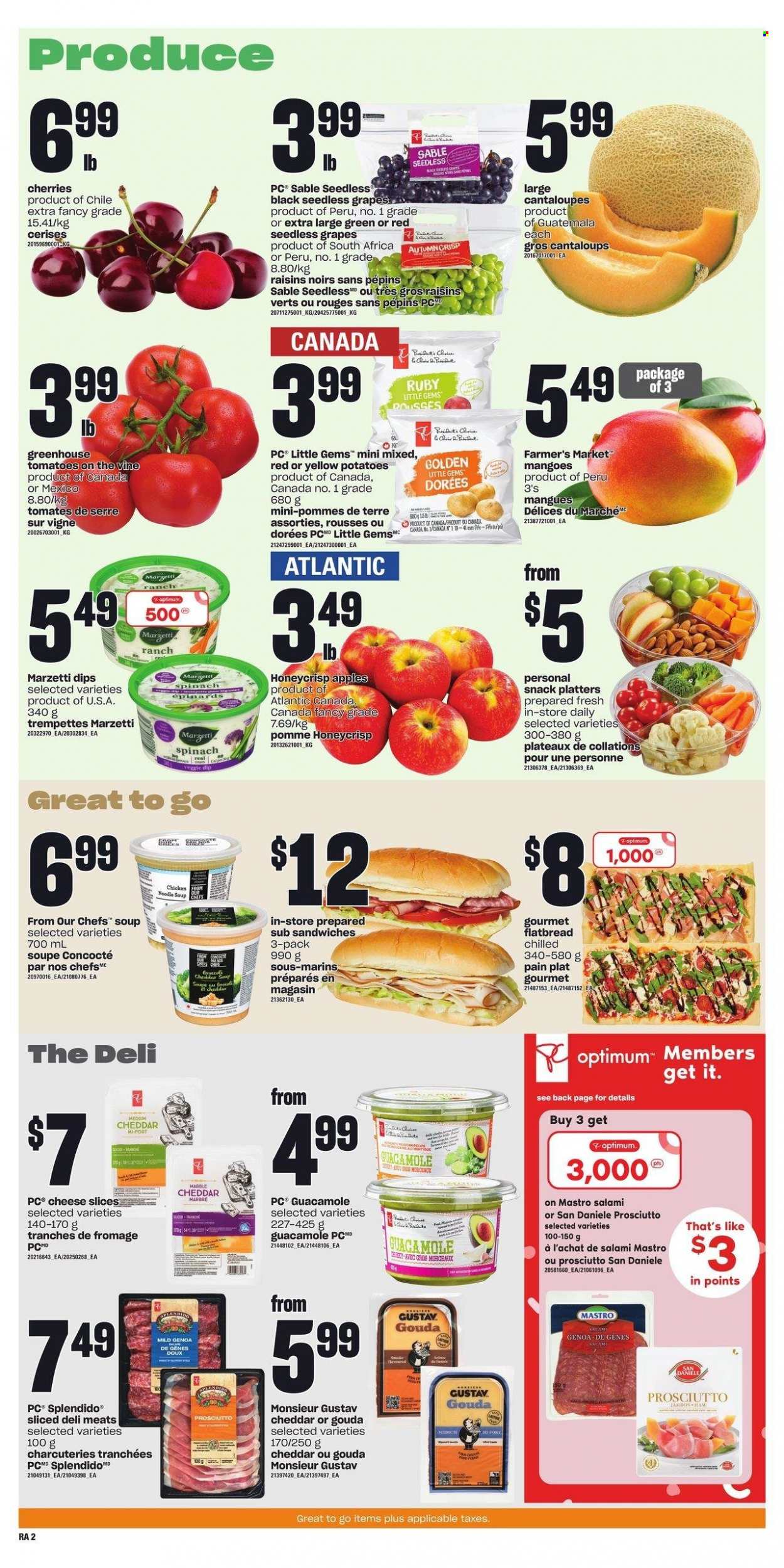 thumbnail - Atlantic Superstore Flyer - January 26, 2023 - February 01, 2023 - Sales products - flatbread, cantaloupe, tomatoes, potatoes, apples, grapes, mango, seedless grapes, cherries, sandwich, soup, noodles cup, noodles, salami, ham, prosciutto, guacamole, gouda, sliced cheese, cheddar, cheese, dried fruit, Optimum, raisins. Page 3.