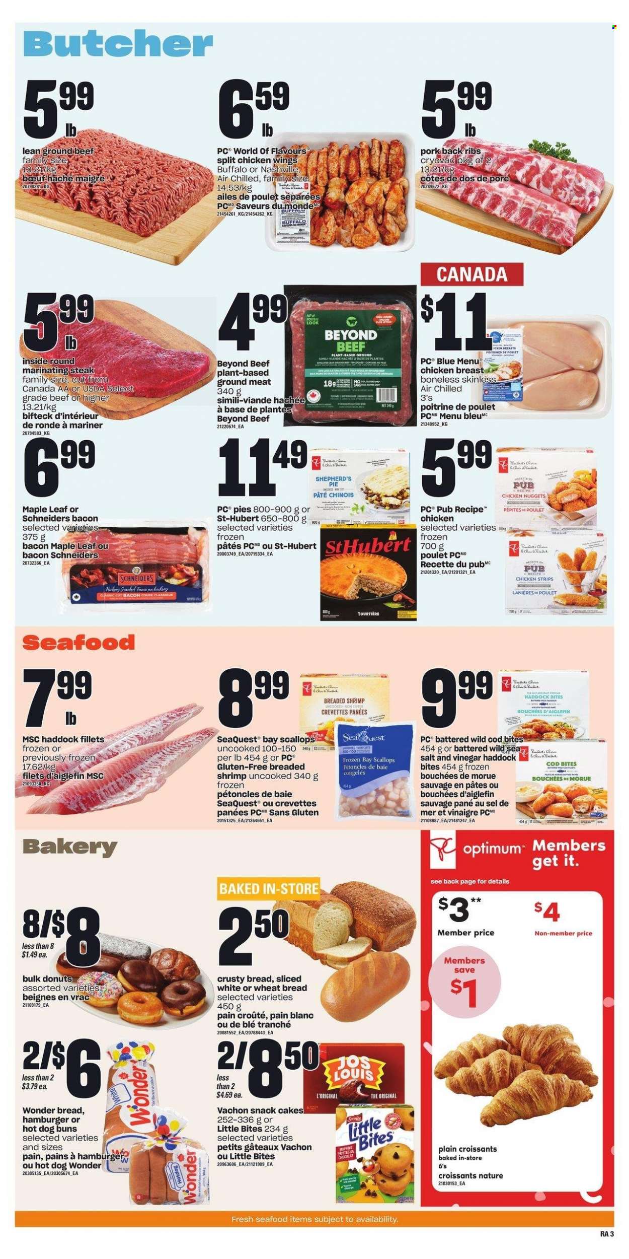 thumbnail - Atlantic Superstore Flyer - January 26, 2023 - February 01, 2023 - Sales products - wheat bread, cake, pie, croissant, buns, donut, muffin, cod, scallops, haddock, seafood, shrimps, nuggets, chicken nuggets, bacon, chicken wings, strips, chicken strips, snack, Little Bites, vinegar, chicken, beef meat, ground beef, ribs, pork meat, pork ribs, pork back ribs, Optimum, steak. Page 4.