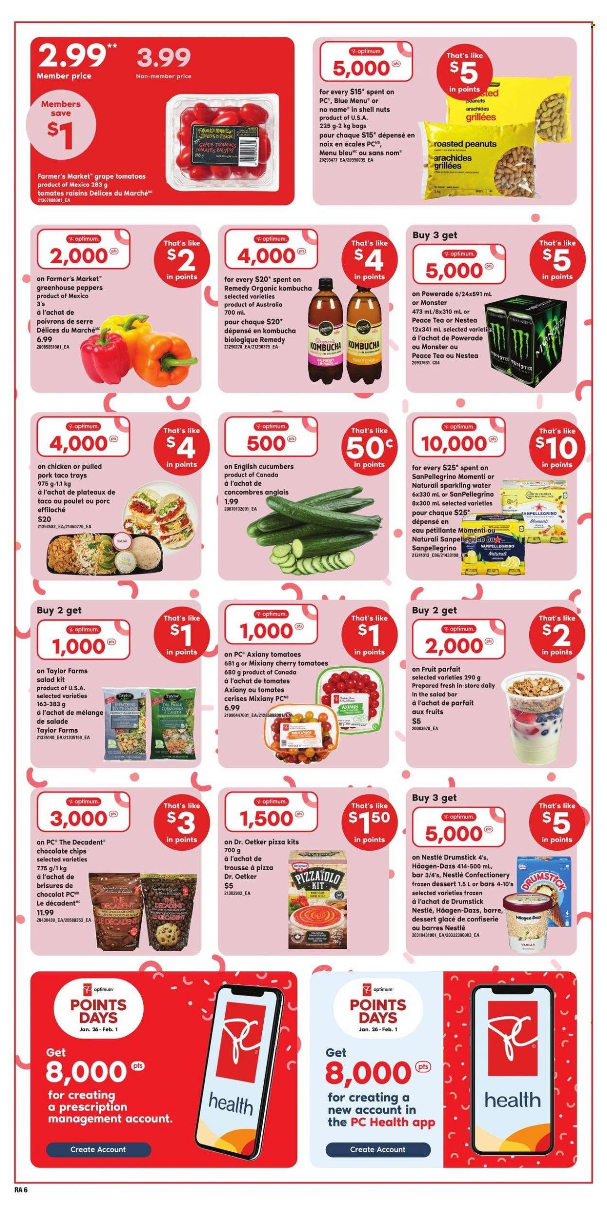 thumbnail - Atlantic Superstore Flyer - January 26, 2023 - February 01, 2023 - Sales products - cucumber, salad, peppers, cherries, No Name, pizza, pulled pork, Dr. Oetker, Häagen-Dazs, dill, roasted peanuts, peanuts, dried fruit, Powerade, Monster, sparkling water, San Pellegrino, kombucha, tea, pork meat, Optimum, Nestlé, raisins. Page 7.