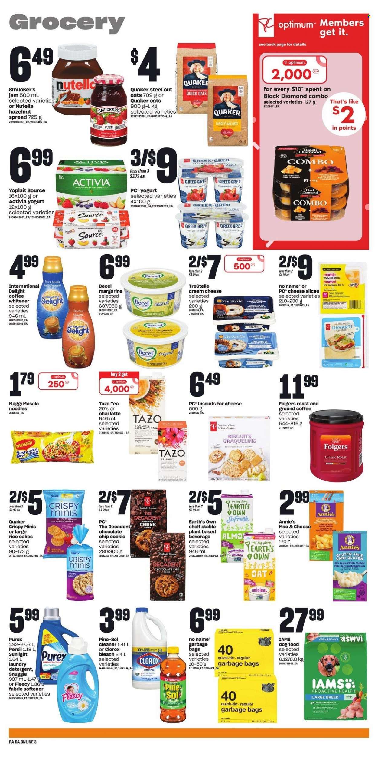 thumbnail - Atlantic Superstore Flyer - January 26, 2023 - February 01, 2023 - Sales products - No Name, pasta, Quaker, noodles, Annie's, cream cheese, sliced cheese, Havarti, yoghurt, Activia, Yoplait, margarine, biscuit, oats, Maggi, strawberry jam, Quick Oats, olive oil, fruit jam, hazelnut spread, tea, Folgers, ground coffee, cleaner, bleach, Clorox, Pine-Sol, Snuggle, Persil, fabric softener, Sunlight, Purex, bag, animal food, dog food, Optimum, Iams, detergent, Nutella. Page 11.