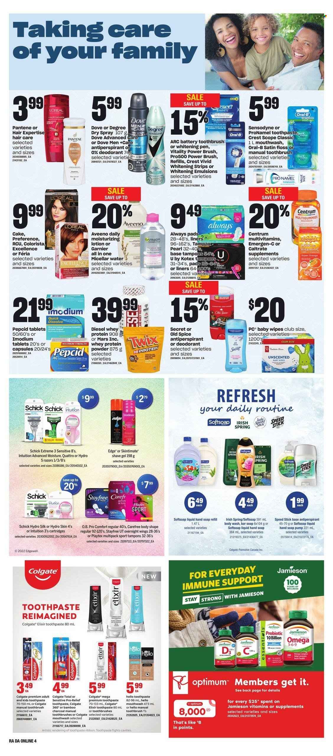 thumbnail - Atlantic Superstore Flyer - January 26, 2023 - February 01, 2023 - Sales products - cake, oranges, Silk, strips, Dove, Twix, Mars, spice, wipes, baby wipes, Aveeno, body wash, Softsoap, hand soap, Palmolive, soap bar, soap, toothbrush, toothpaste, mouthwash, Crest, Stayfree, Playtex, Always pads, Carefree, Kotex, tampons, L’Oréal, micellar water, Pantene, body lotion, anti-perspirant, Speed Stick, shave gel, Schick, Optimum, multivitamin, vitamin c, Pepcid, Omega-3, Emergen-C, whey protein, Centrum, Colgate, Garnier, Tampax, Imodium, Old Spice, Oral-B, Sensodyne, deodorant. Page 12.