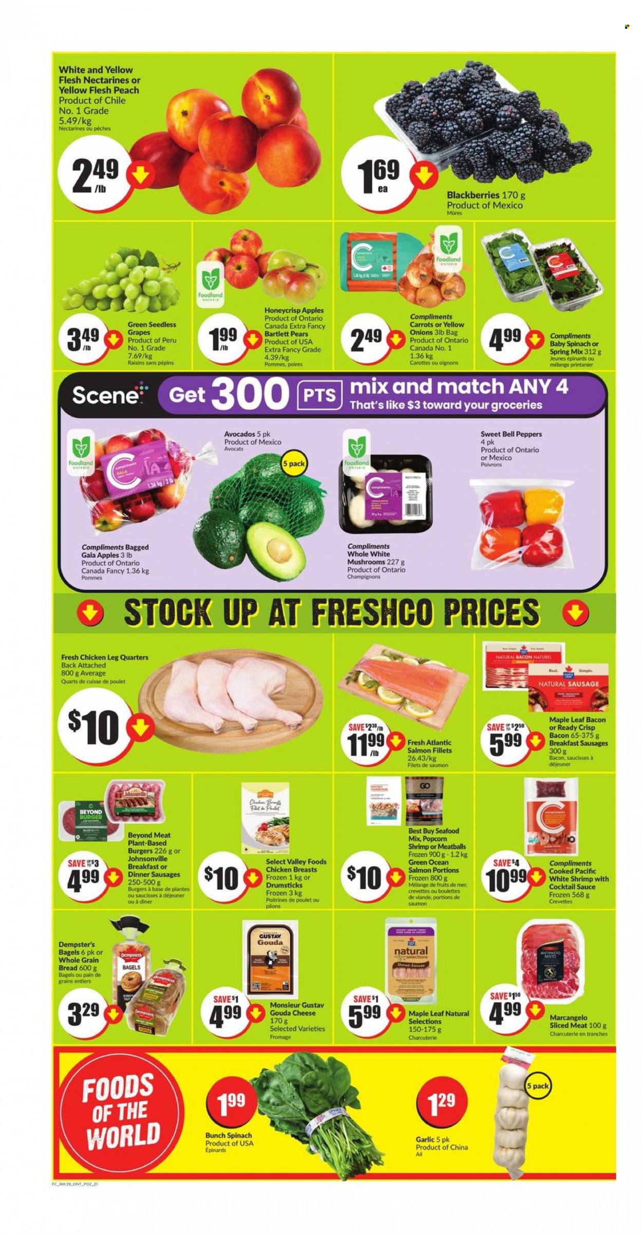 thumbnail - FreshCo. Flyer - January 26, 2023 - February 01, 2023 - Sales products - mushrooms, bread, bell peppers, carrots, garlic, onion, peppers, apples, avocado, Bartlett pears, blackberries, Gala, grapes, nectarines, seedless grapes, pears, salmon, salmon fillet, seafood, shrimps, meatballs, hamburger, sauce, bacon, Johnsonville, sausage, gouda, cheese, cocktail sauce, dried fruit, chicken breasts, chicken legs, raisins. Page 2.